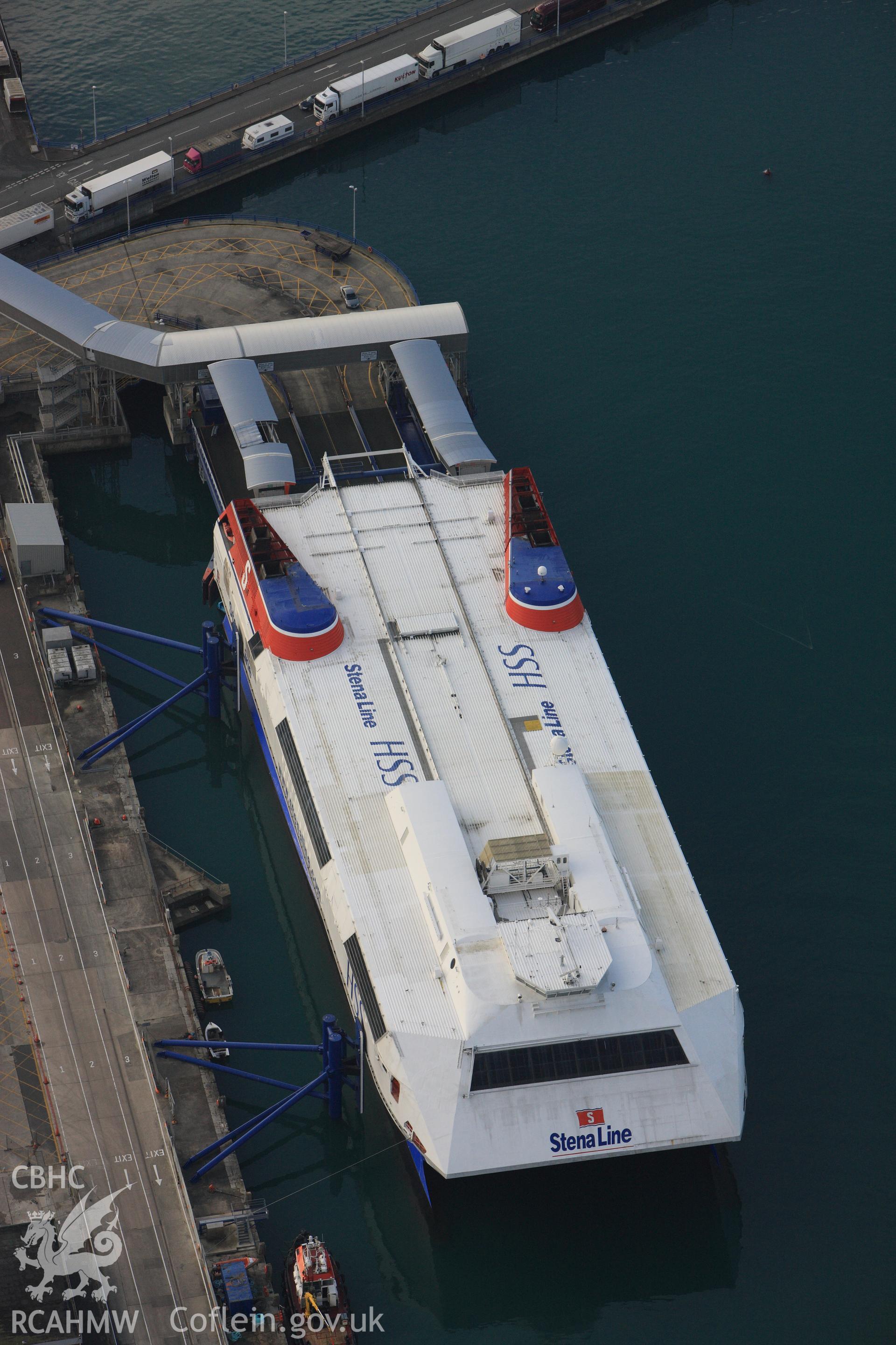 RCAHMW colour oblique photograph of Holyhead Harbour Ferry Terminal. Taken by Toby Driver on 13/01/2012.