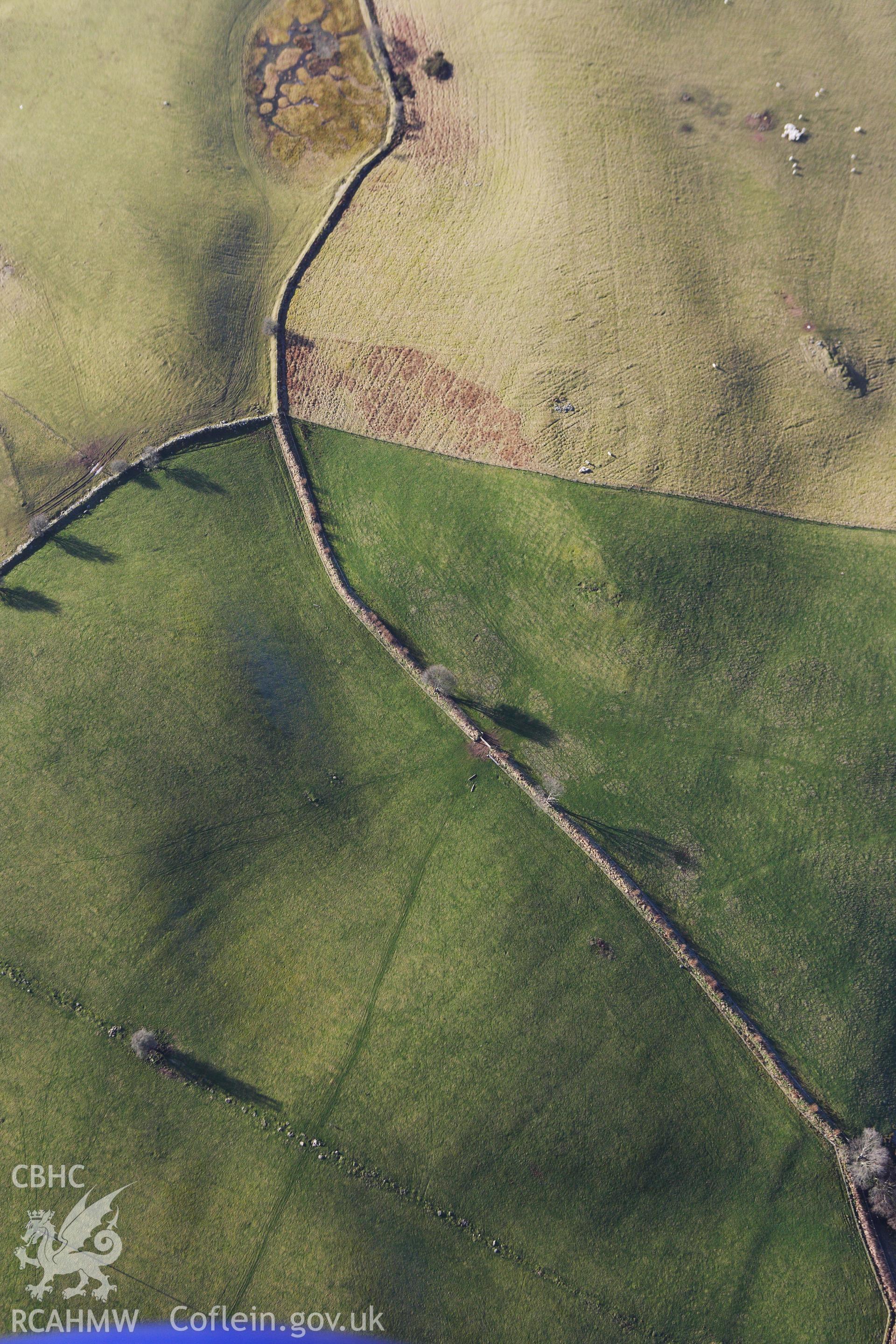 RCAHMW colour oblique photograph of Penlan Square Earthwork Enclosure. Taken by Toby Driver on 07/02/2012.