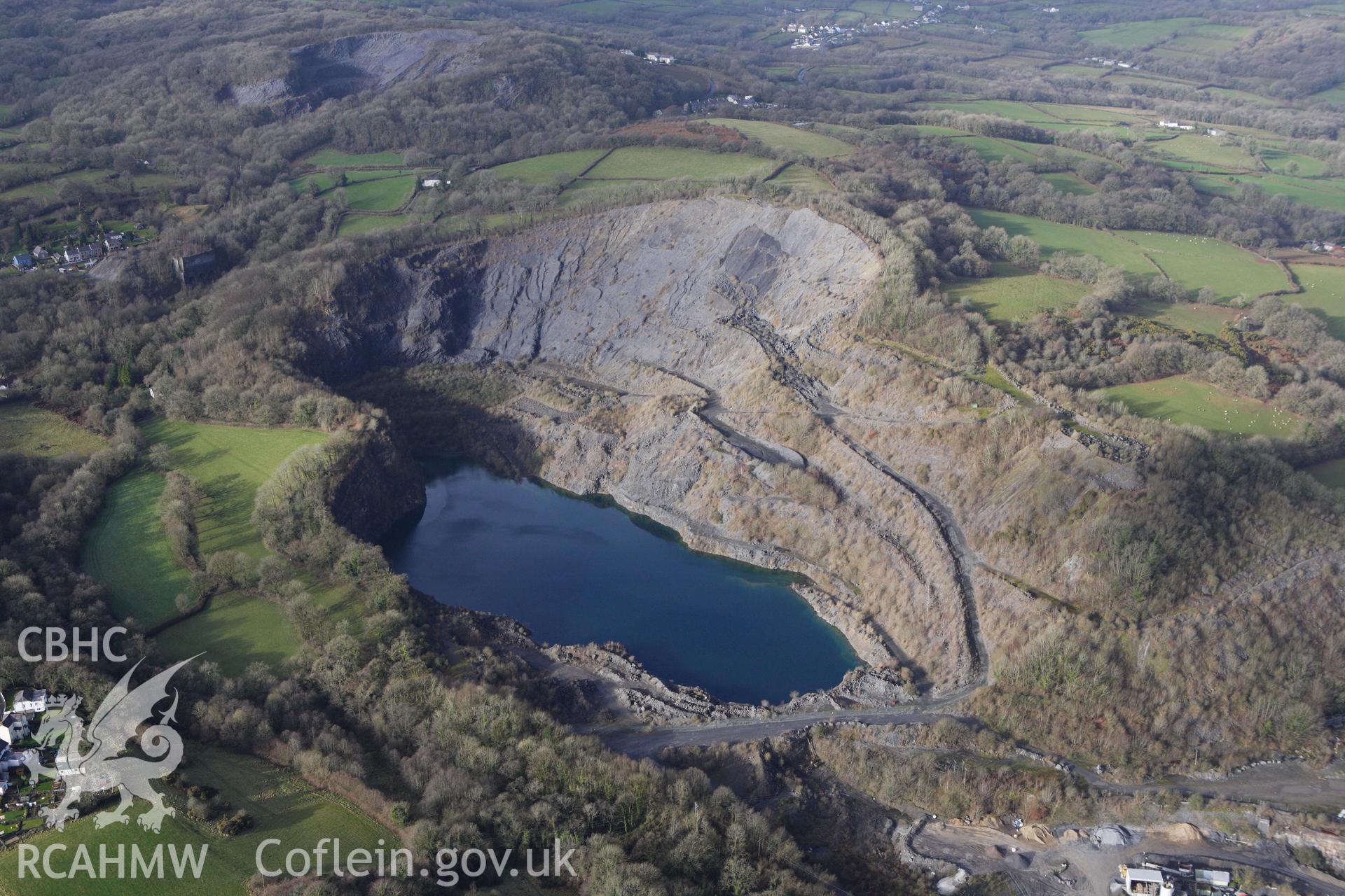 RCAHMW colour oblique photograph of Cil-yr-ychen Quarry and Lime Works. Taken by Toby Driver on 27/01/2012.