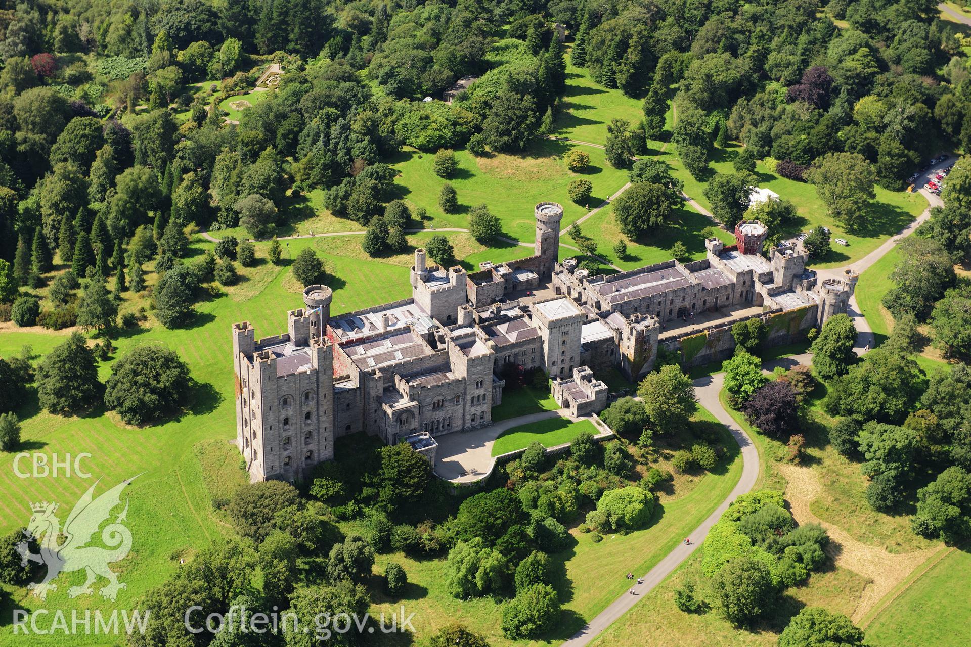 RCAHMW colour oblique photograph of Penrhyn Castle, viewed from the south-east. Taken by Toby Driver on 10/08/2012.