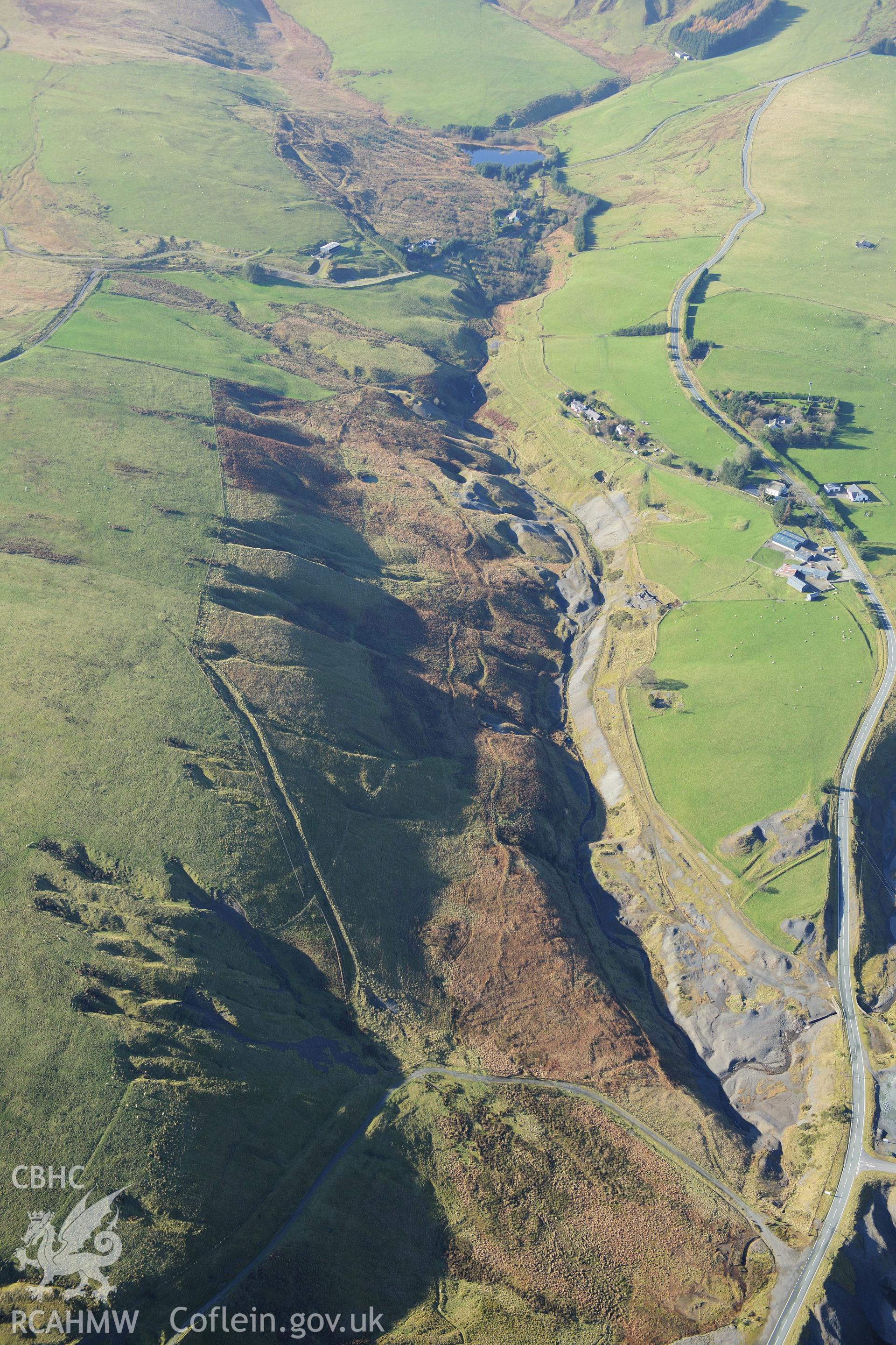 RCAHMW colour oblique photograph of Dylife Lead Mines, and village. Taken by Toby Driver on 05/11/2012.