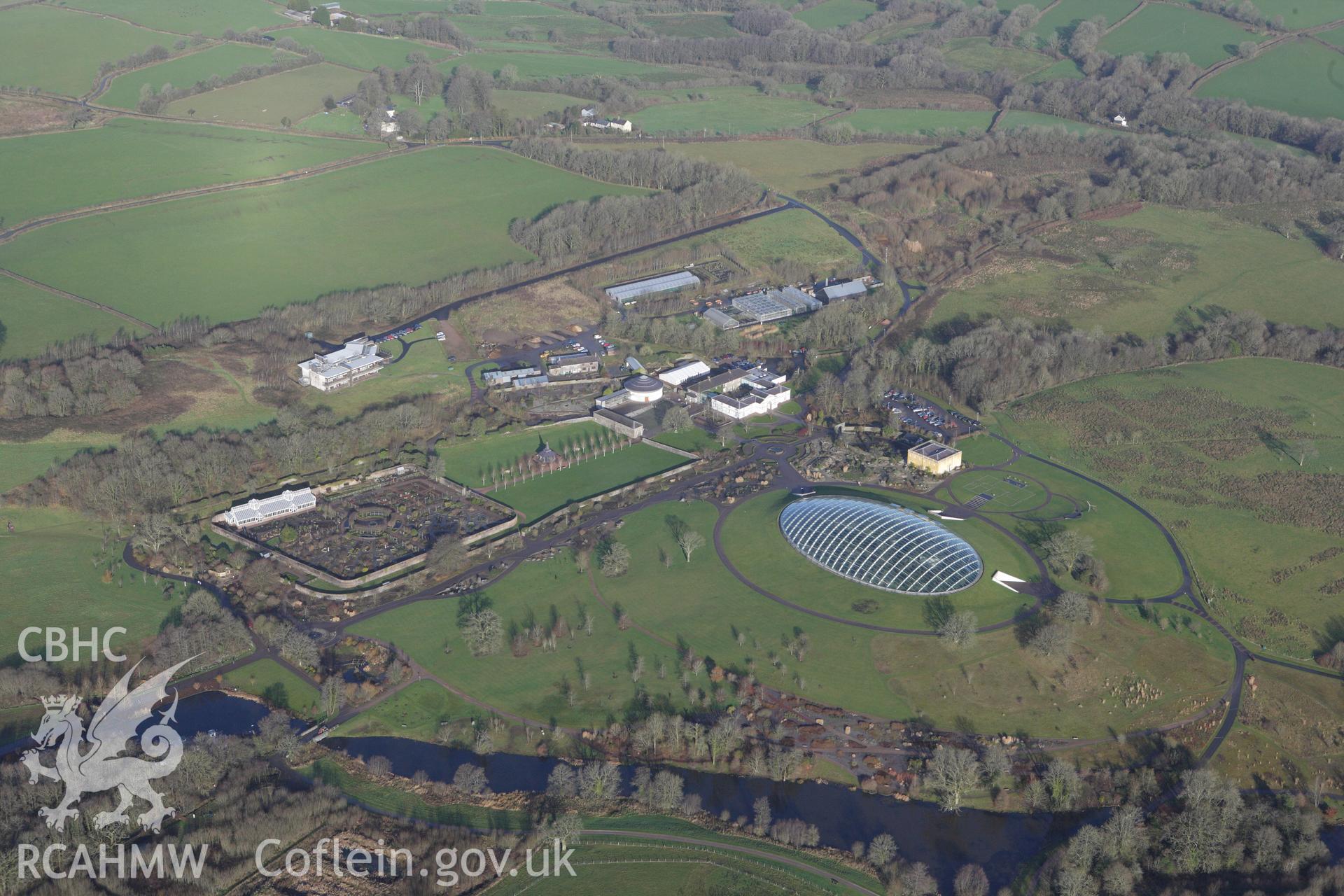 RCAHMW colour oblique photograph of Middleton Hall Park, grounds and gardens, now the National Botanic Garden of Wales. Taken by Toby Driver on 27/01/2012.