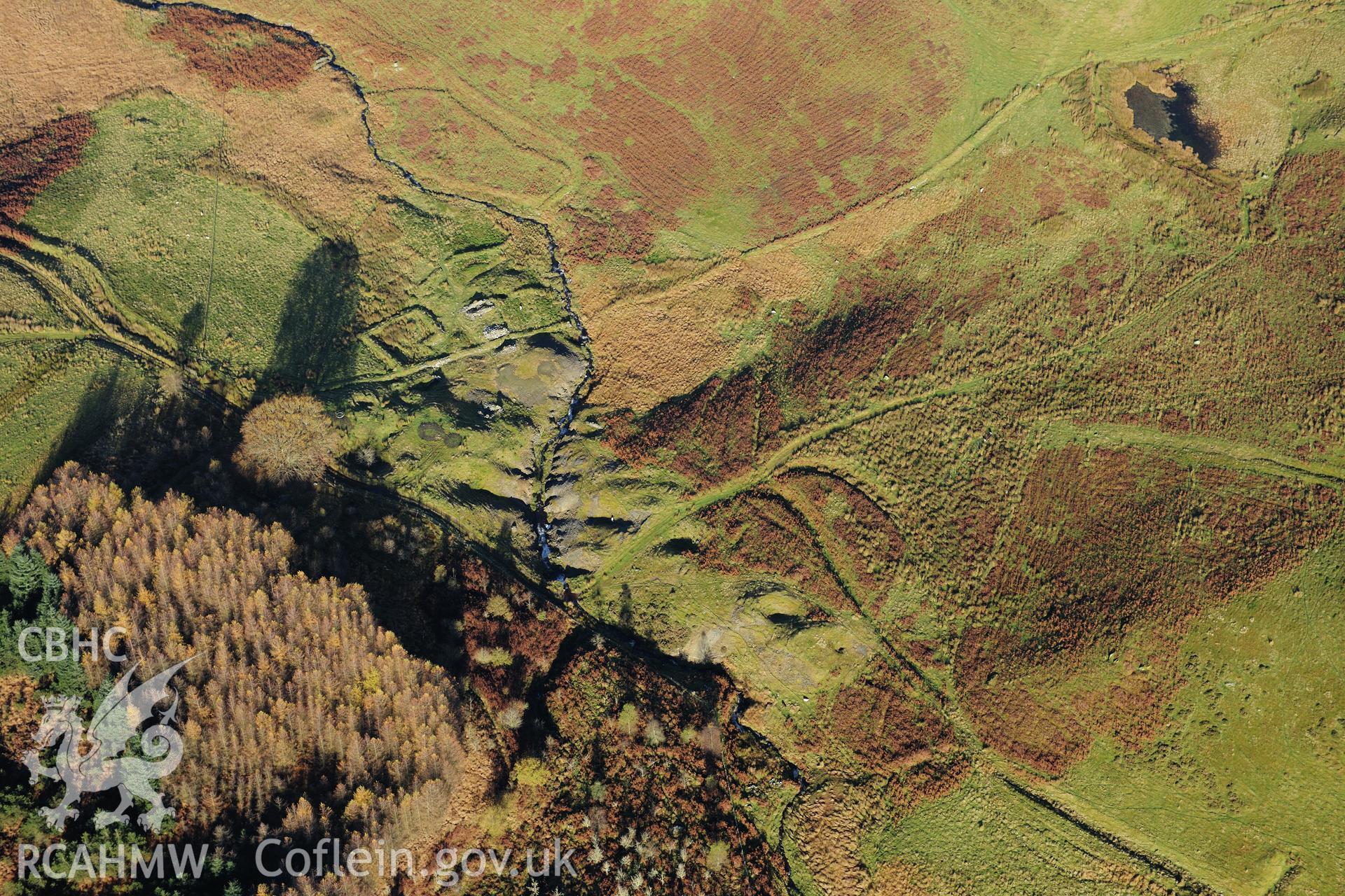 RCAHMW colour oblique photograph of Rhysgog Lead Mine, in winter sunshine. Taken by Toby Driver on 05/11/2012.