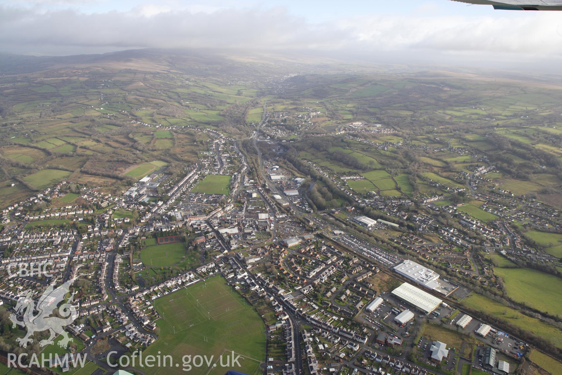 RCAHMW colour oblique photograph of Ammanford, looking south towards Pantyffynnon. Taken by Toby Driver on 27/01/2012.