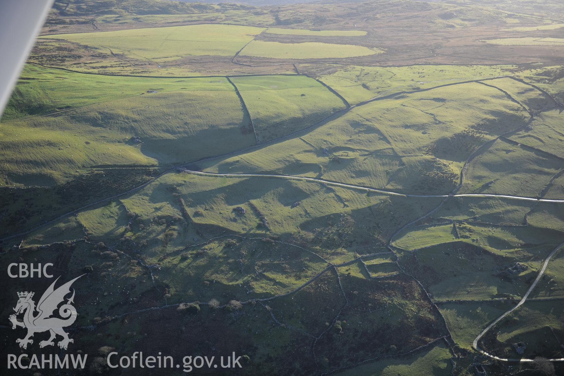 RCAHMW colour oblique photograph of Erw Wen, homestead and field system, from the west. Taken by Toby Driver on 10/12/2012.