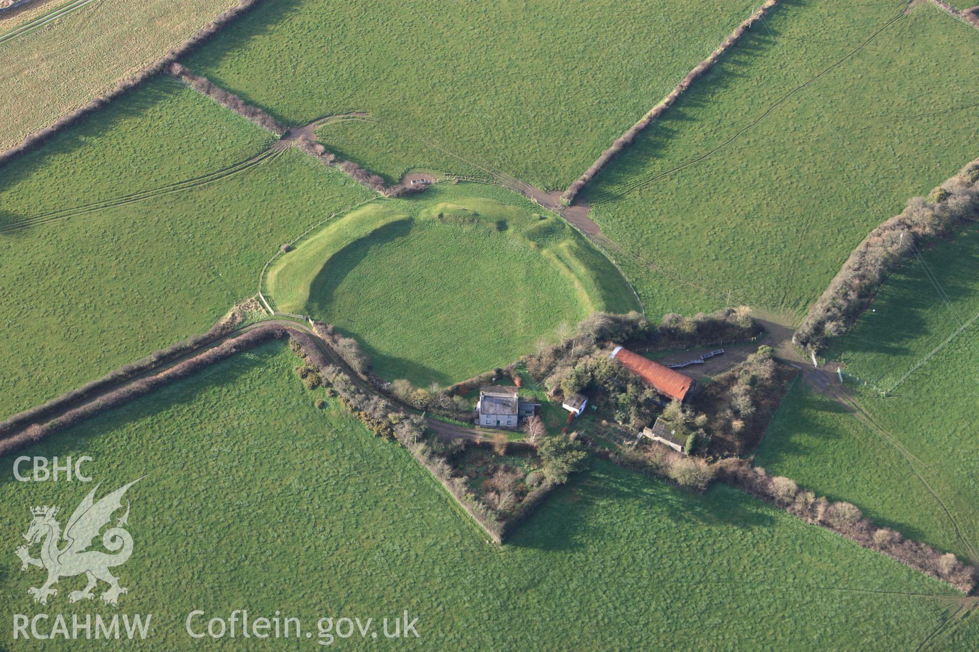RCAHMW colour oblique photograph of Castell Bryn gwyn, in low winter light. Taken by Toby Driver on 13/01/2012.