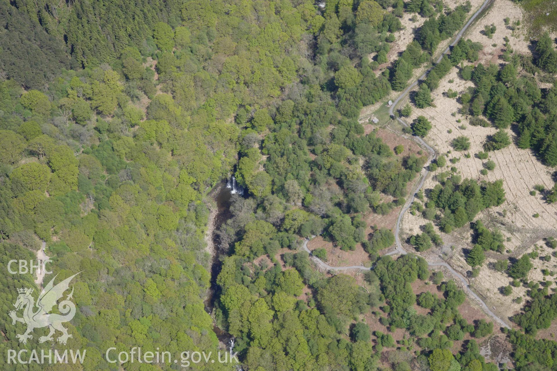 RCAHMW colour oblique photograph of Sgwd yr Eira waterfall, Afon Hepste, from north. Taken by Toby Driver on 22/05/2012.