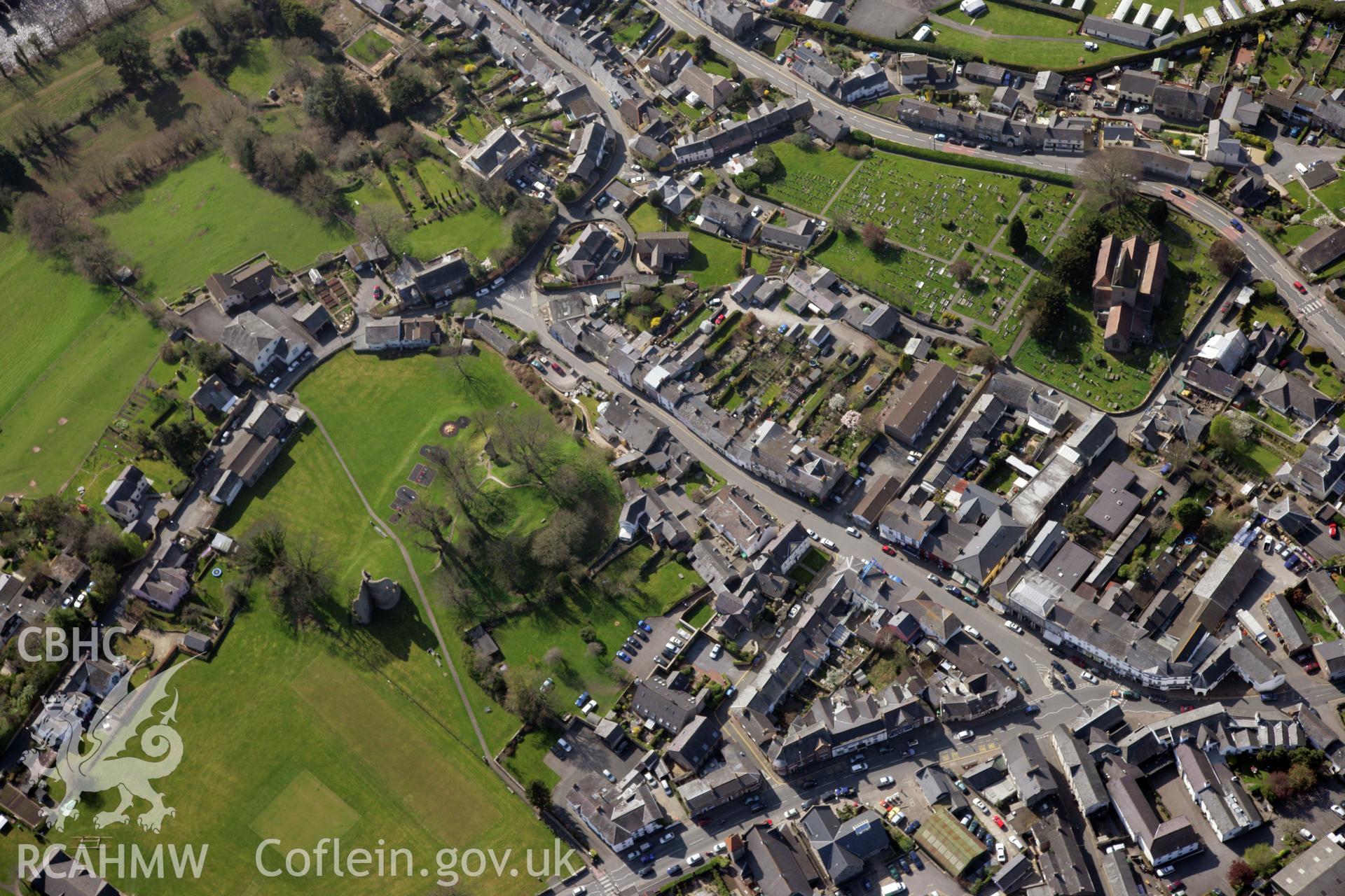 RCAHMW colour oblique photograph of Crickhowell Castle, and town. Taken by Toby Driver and Oliver Davies on 28/03/2012.