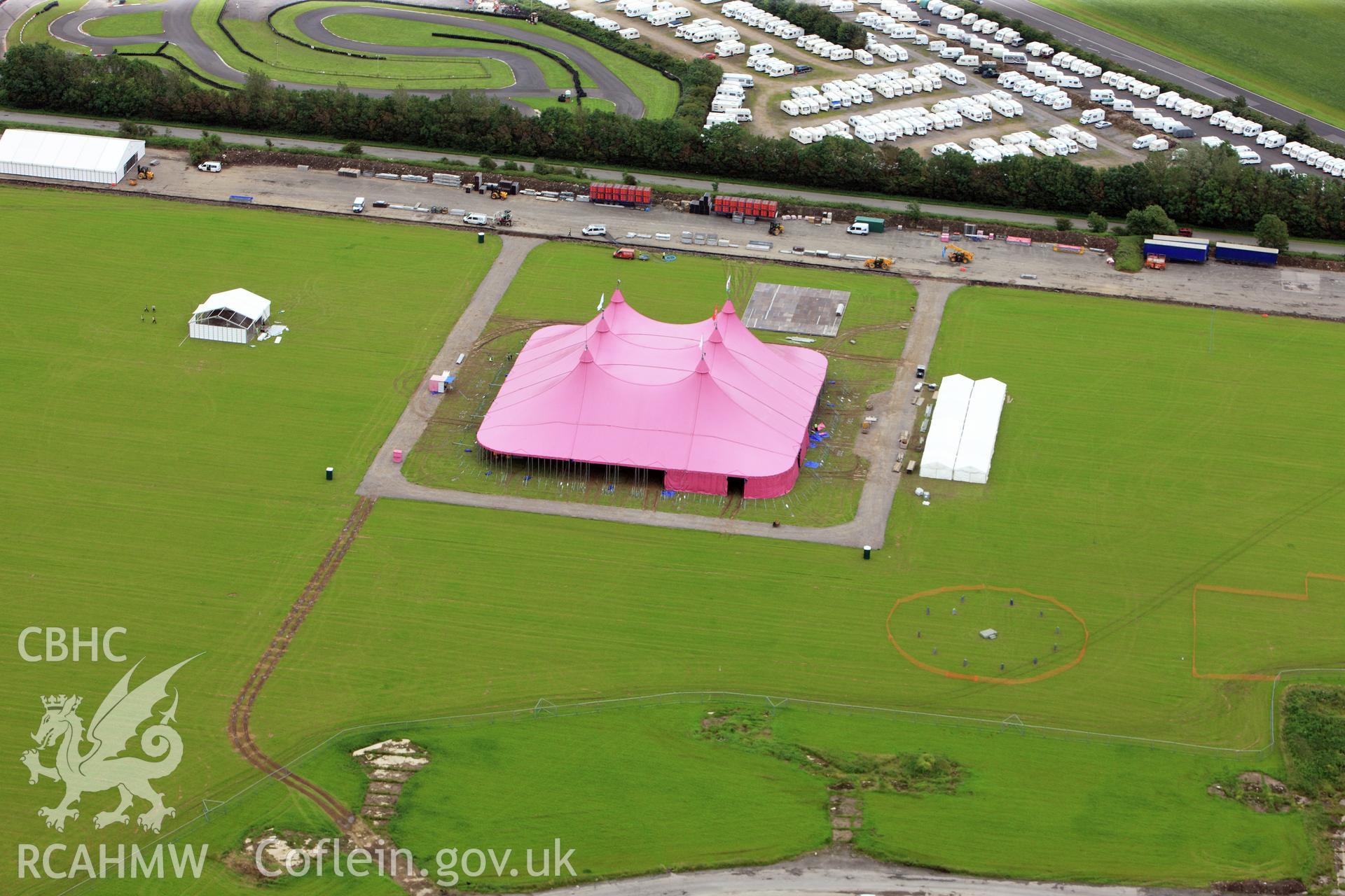 RCAHMW colour oblique photograph of Llandow Airfield 2012 National Eisteddfod. Taken by Toby Driver on 05/07/2012.