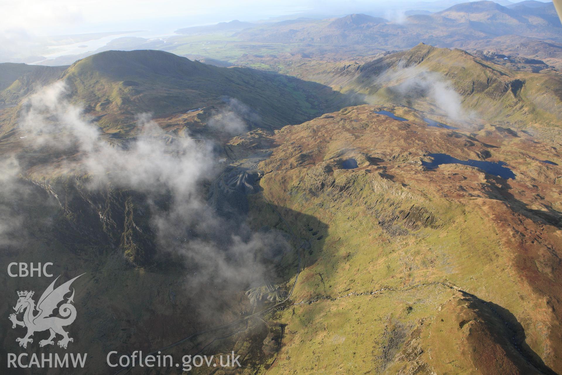 RCAHMW colour oblique photograph of Conglog slate quarry, looking west towards Rhosydd. Taken by Toby Driver on 13/01/2012.