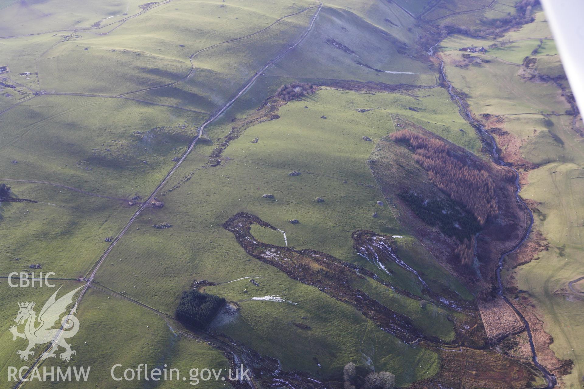 RCAHMW colour oblique photograph of Banc Llechwedd-ddu, cultivation ridges in vicinity of long house remains. Taken by Toby Driver on 07/02/2012.