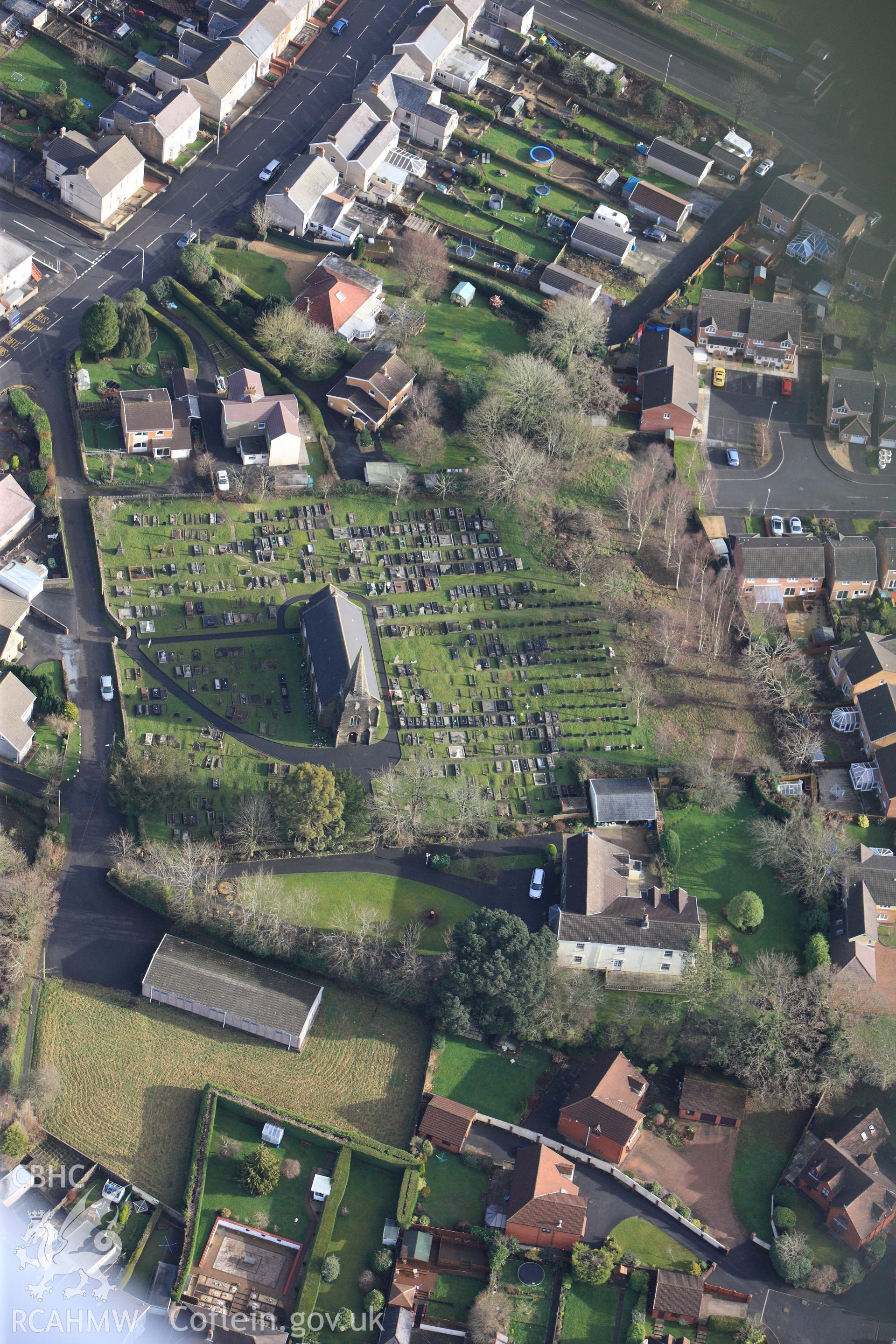 RCAHMW colour oblique photograph of Pontarddulais, with St. Teilo's New Church. Taken by Toby Driver on 27/01/2012.