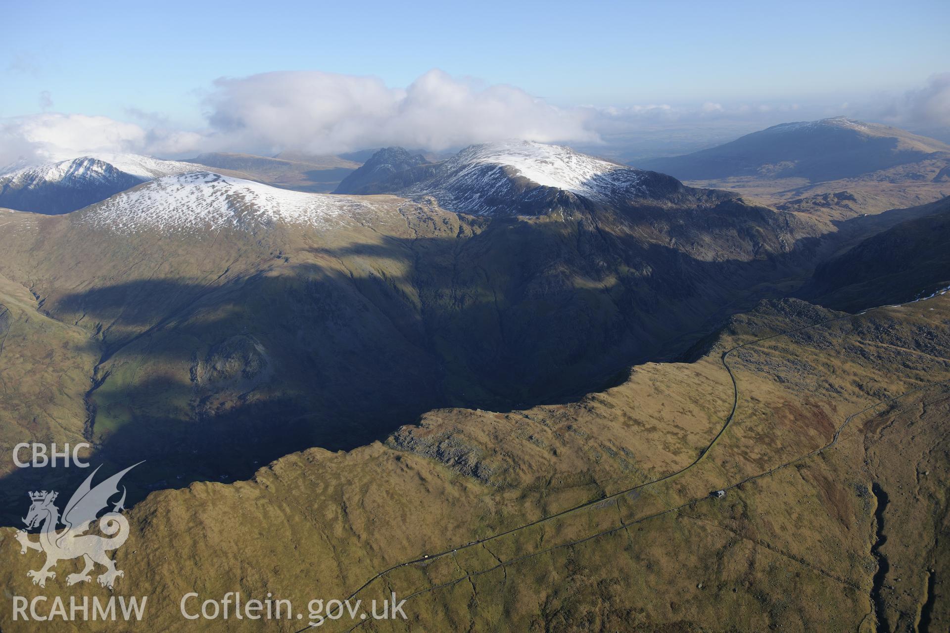 RCAHMW colour oblique photograph of Halfway station, Snowdon Mountain Railway, mountain landscape. Taken by Toby Driver on 10/12/2012.