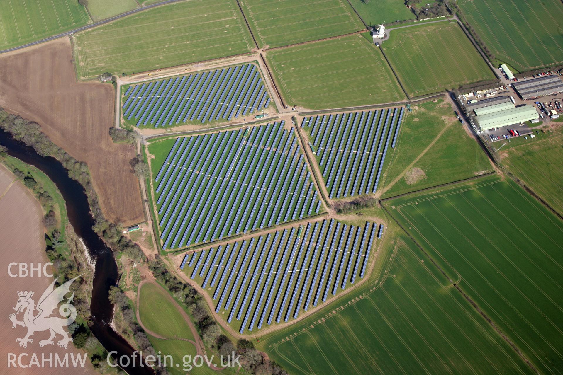 RCAHMW colour oblique photograph of Gwehelog Roman temple, Llancayo Farm, and solar farm. Taken by Toby Driver and Oliver Davies on 28/03/2012.