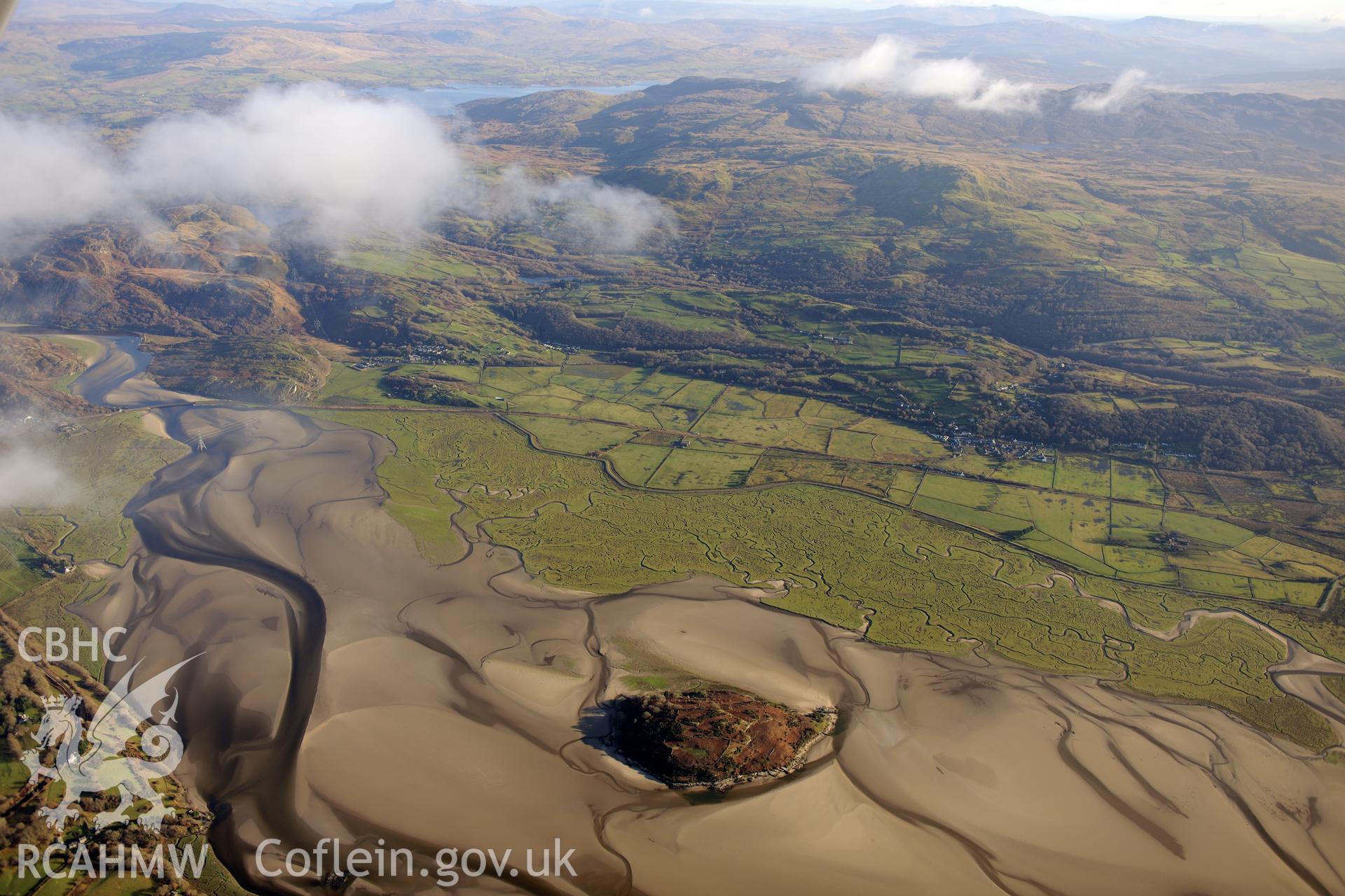 RCAHMW colour oblique photograph of Ynys Gifftan and Traeth Bach, high landscape view. Taken by Toby Driver on 10/12/2012.