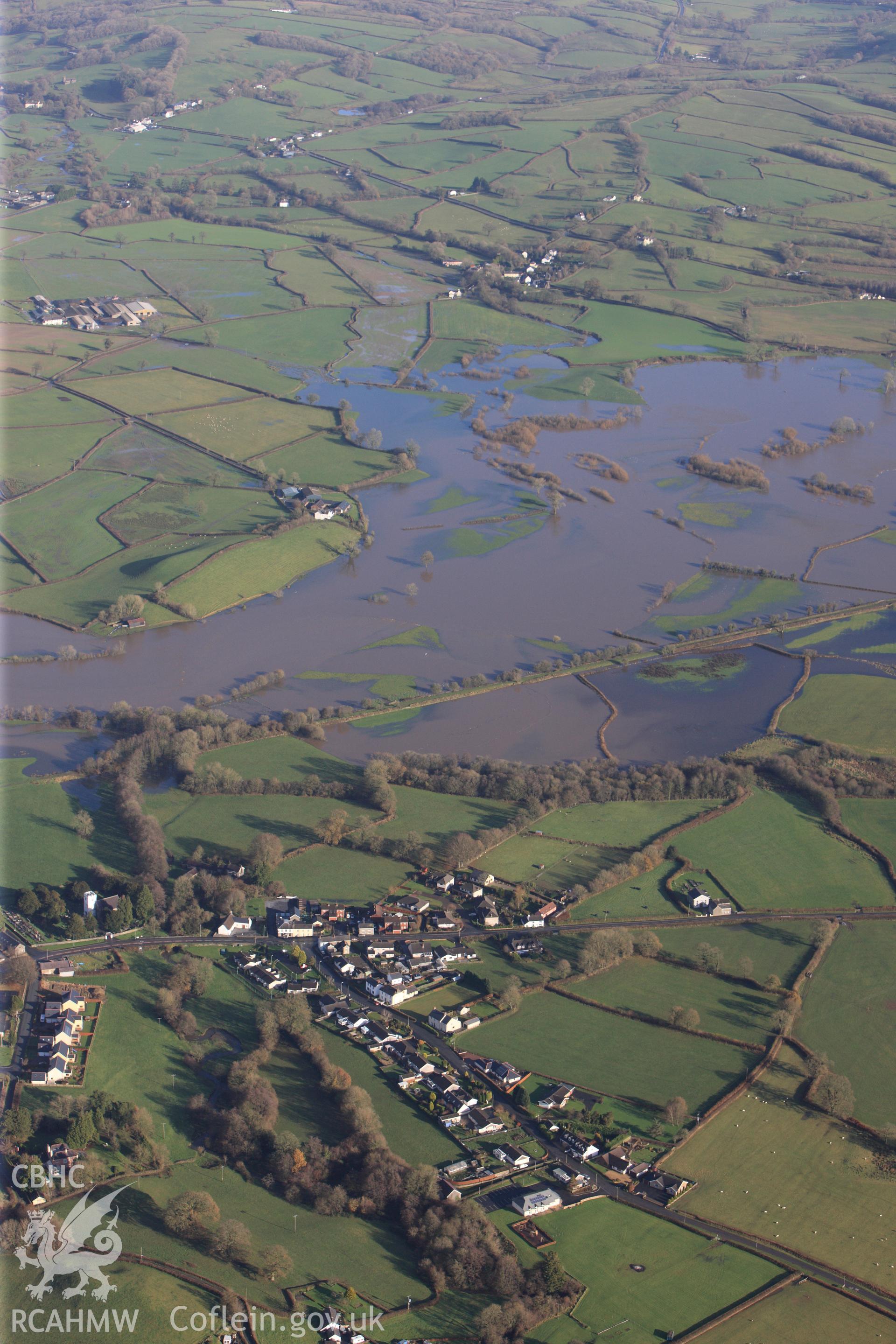 RCAHMW colour oblique photograph of Llanarthne, with flooding on the River Tywi. Taken by Toby Driver on 23/11/2012.