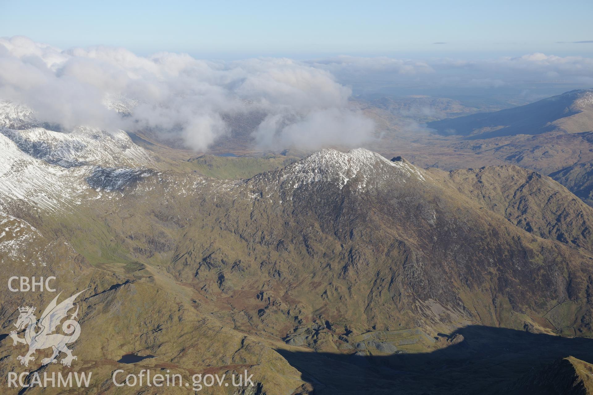 RCAHMW colour oblique photograph of Hafod y Llan slate quarry, mountain landscape from west. Taken by Toby Driver on 10/12/2012.