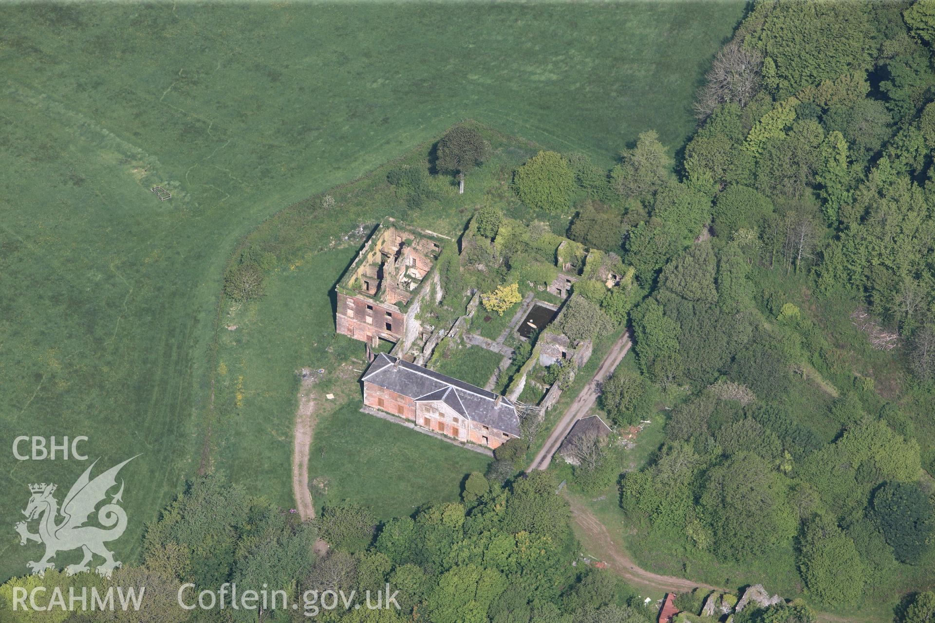 RCAHMW colour oblique photograph of Close view of Iscoed house, looking north west. Taken by Toby Driver on 24/05/2012.