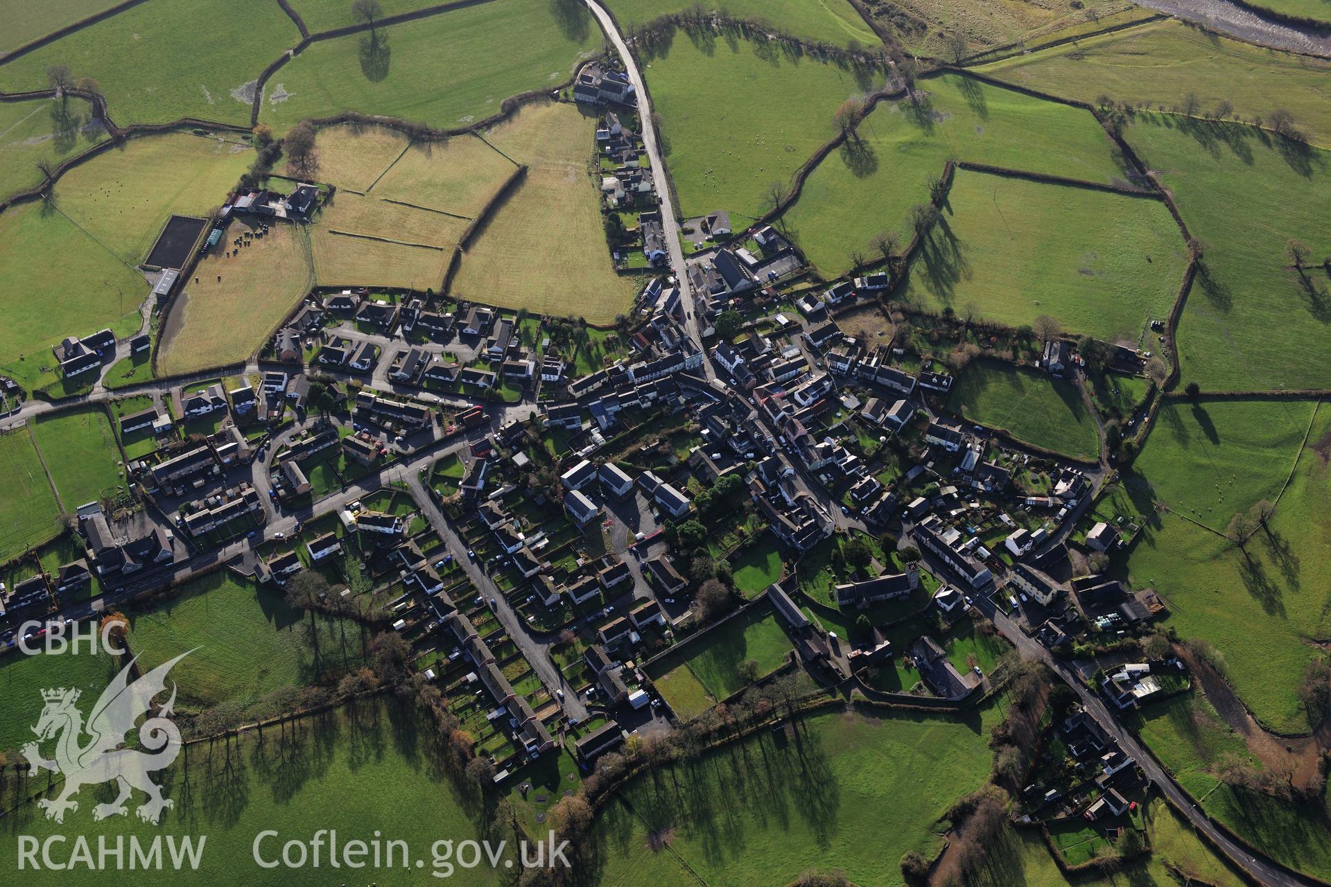 RCAHMW colour oblique photograph of Llangadog, town. Taken by Toby Driver on 23/11/2012.