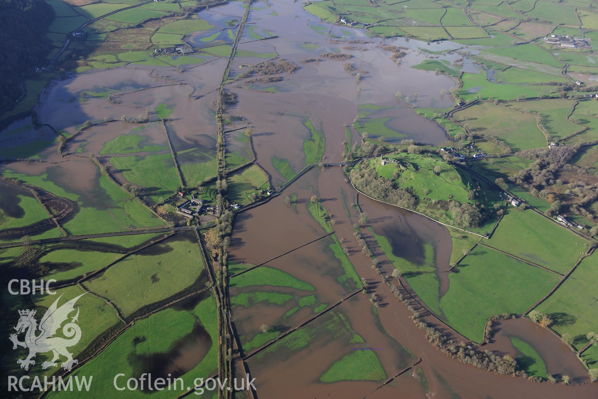 RCAHMW colour oblique photograph of Dryslwyn Castle, with flooding on the River Tywi, view from east. Taken by Toby Driver on 23/11/2012.
