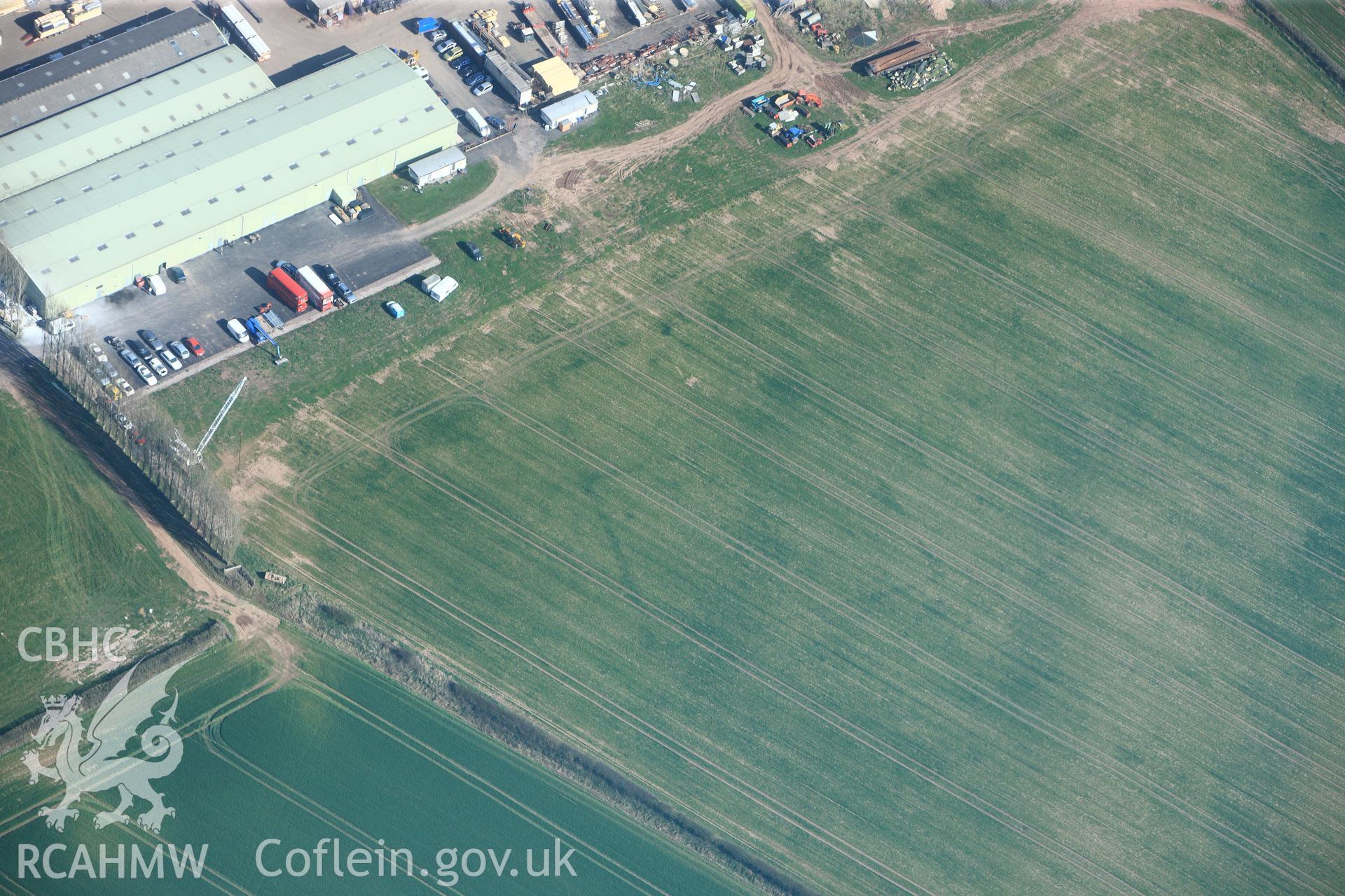RCAHMW colour oblique photograph of Llancayo Farm defended enclosure cropmarks. Taken by Toby Driver and Oliver Davies on 28/03/2012.