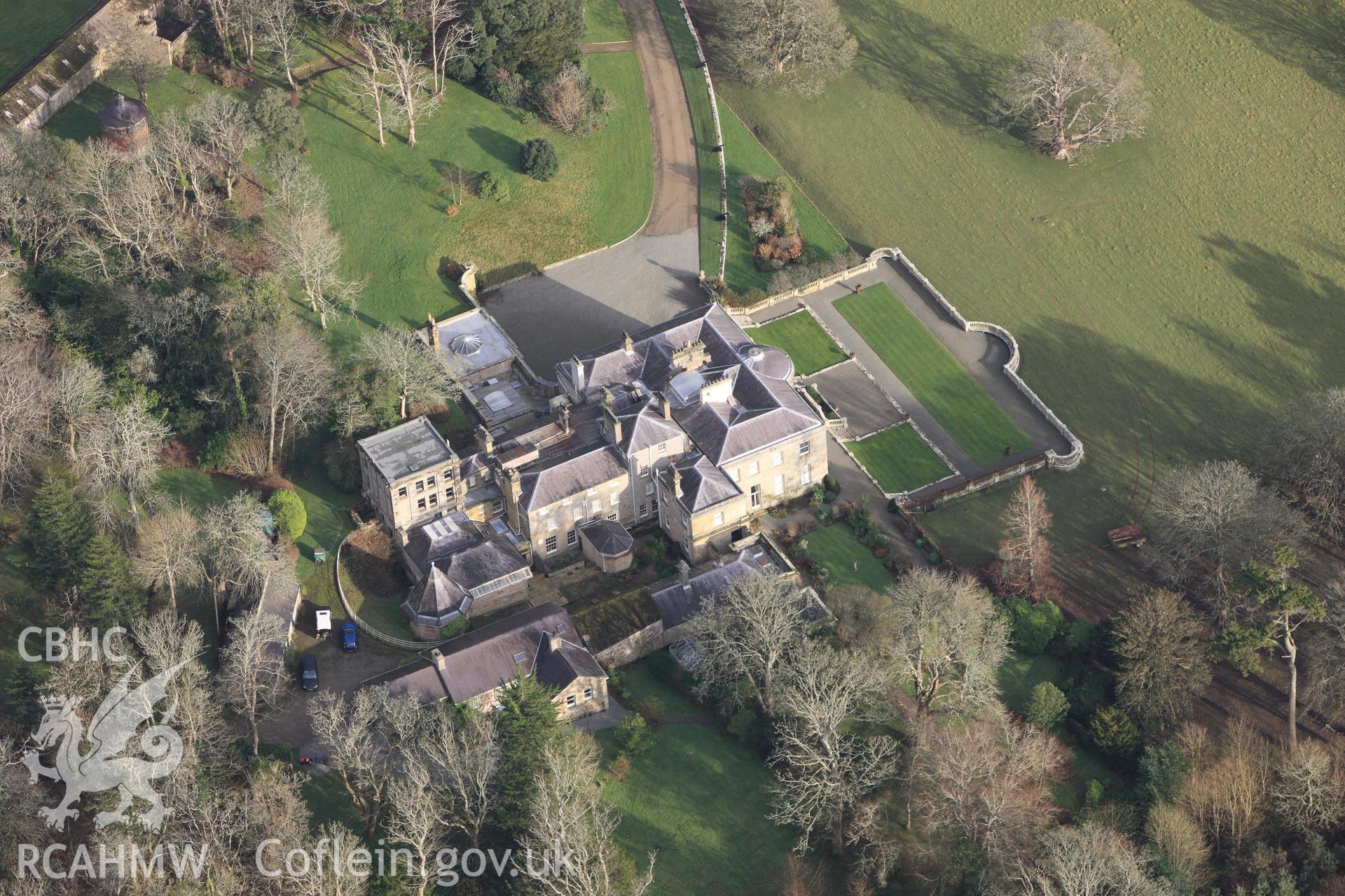 RCAHMW colour oblique photograph of Bodorgan Mansion and gardens. Taken by Toby Driver on 13/01/2012.