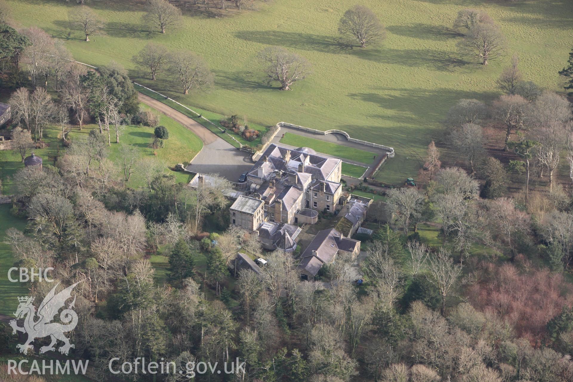 RCAHMW colour oblique photograph of Bodorgan Mansion and gardens. Taken by Toby Driver on 13/01/2012.