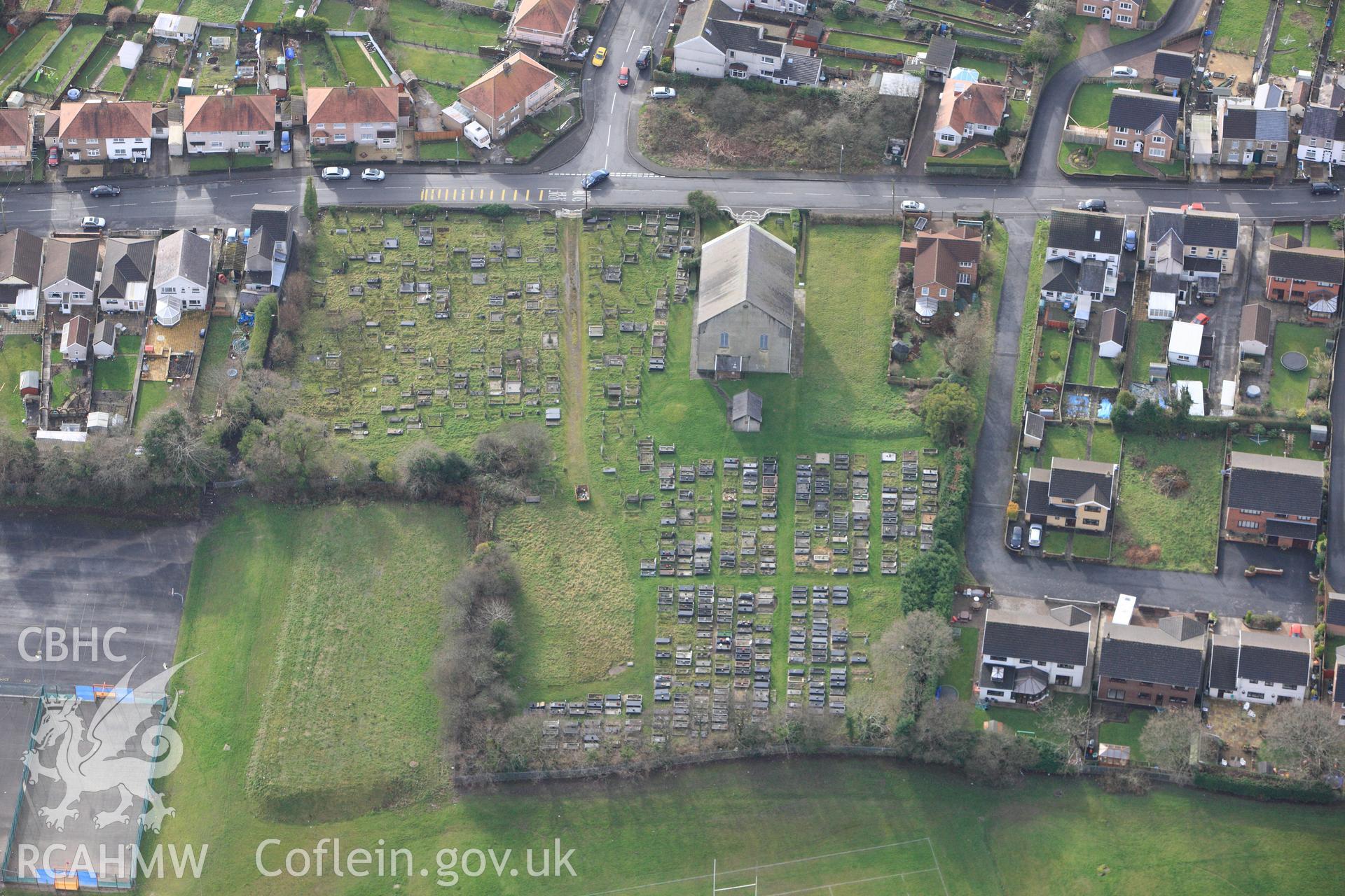 RCAHMW colour oblique photograph of Brynteg Independent Chapel, Gorseinon. Taken by Toby Driver on 27/01/2012.