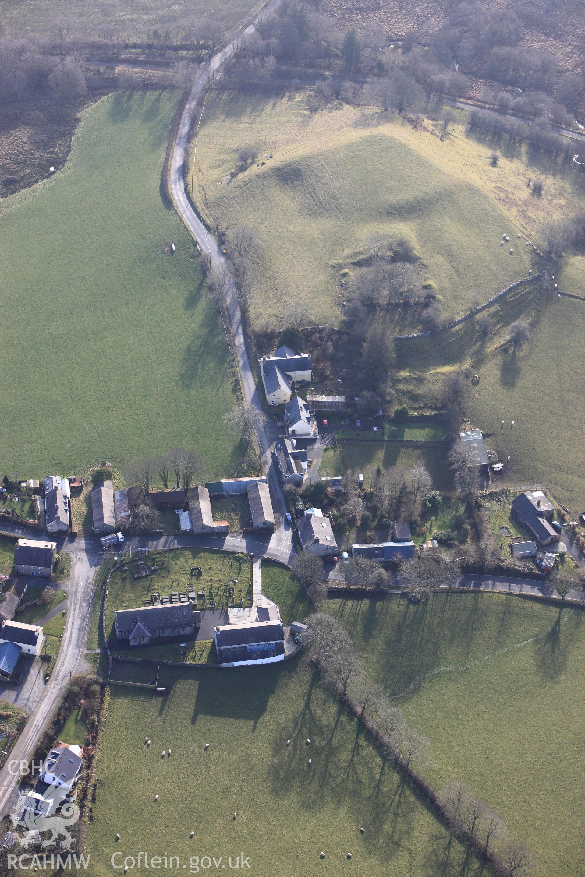 RCAHMW colour oblique photograph of Ystrad Meurig Village. Taken by Toby Driver on 07/02/2012.