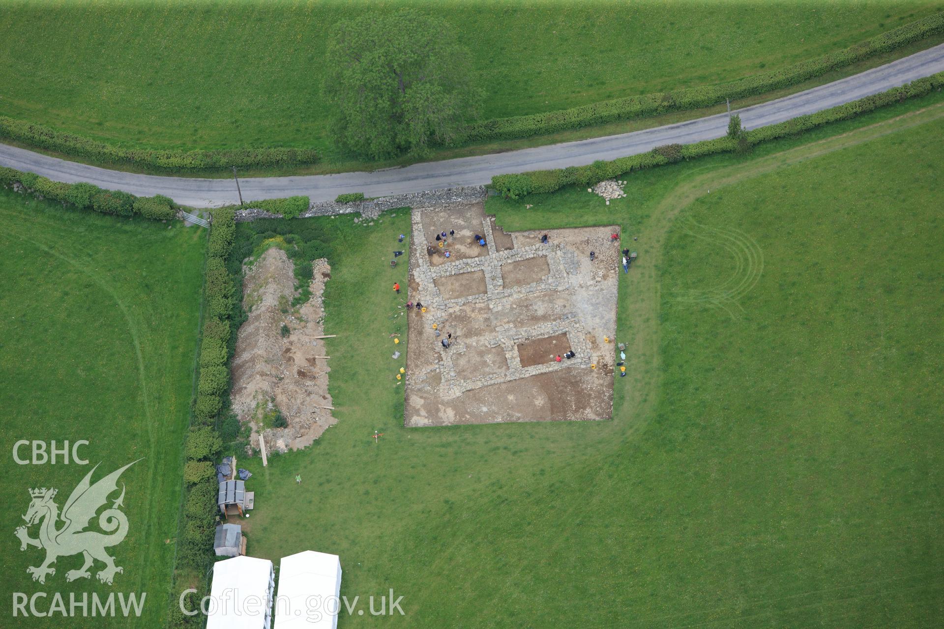 RCAHMW colour oblique photograph of Gatehouse, Strata Florida Abbey Precinct, under excavation. Taken by Toby Driver on 19/06/2012.