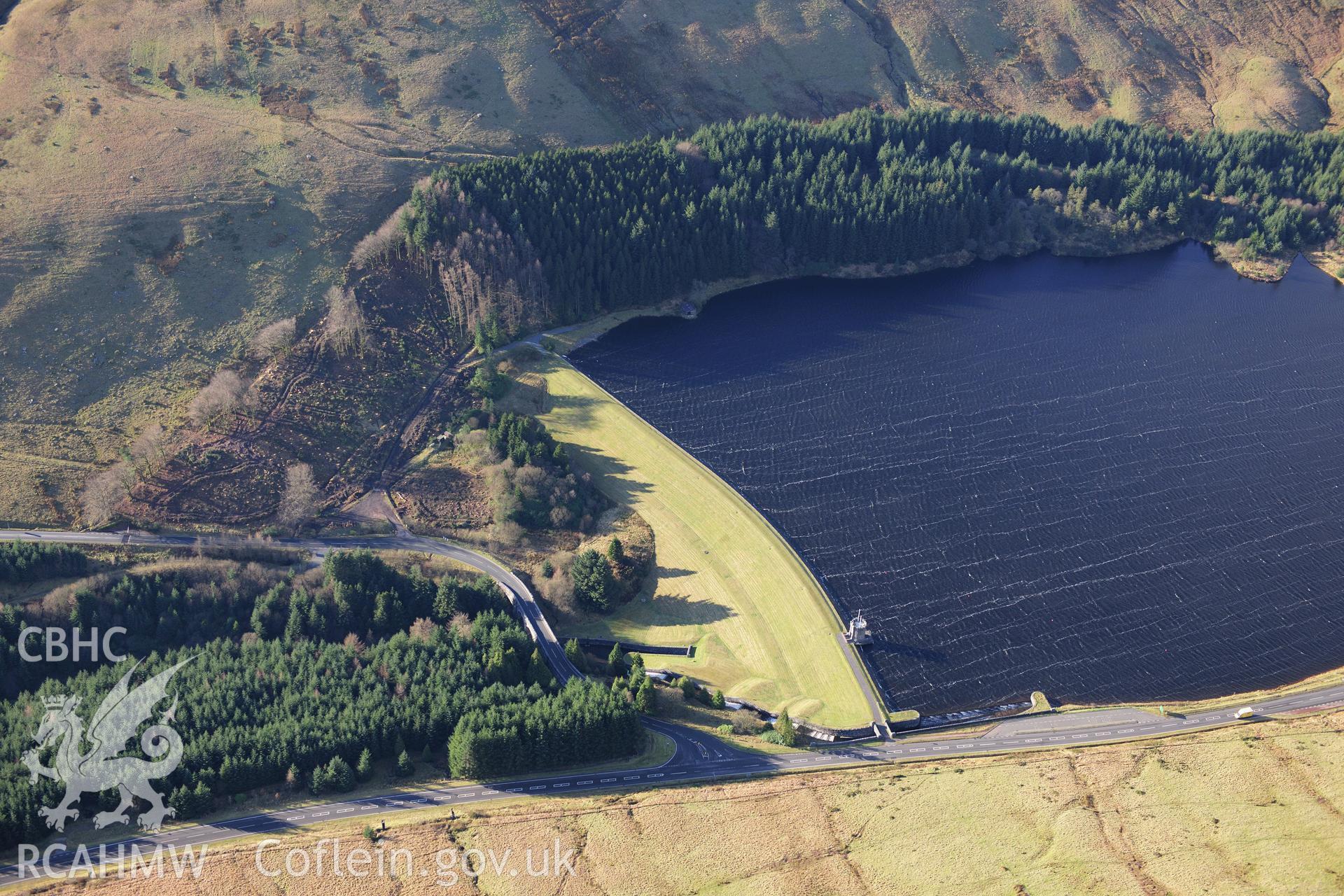 RCAHMW colour oblique photograph of Beacons Reservoir, dam detail. Taken by Toby Driver on 28/11/2012.