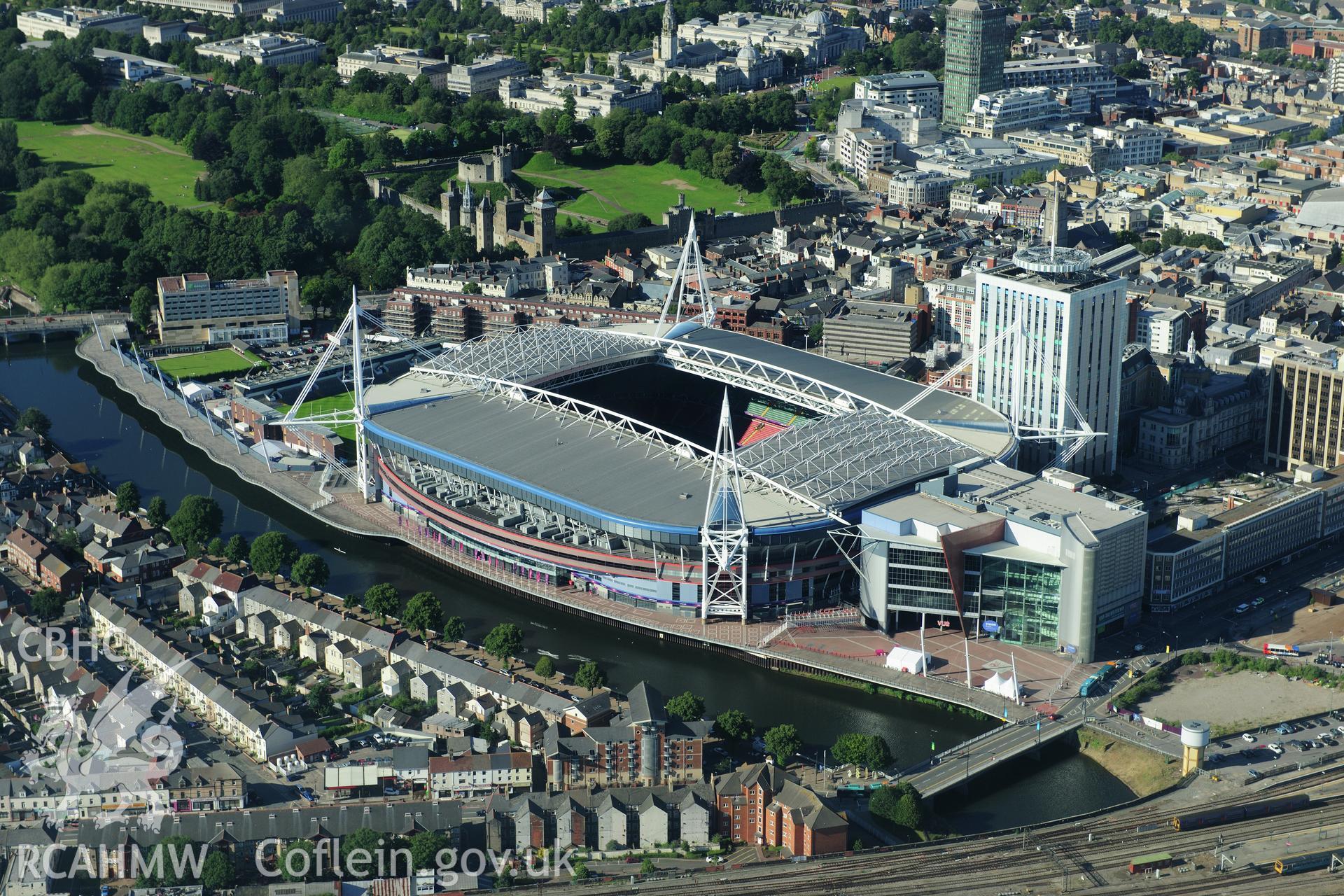 RCAHMW colour oblique photograph of Cardiff Millennium Stadium, view from the cockpit of the aircraft. Taken by Toby Driver on 24/07/2012.