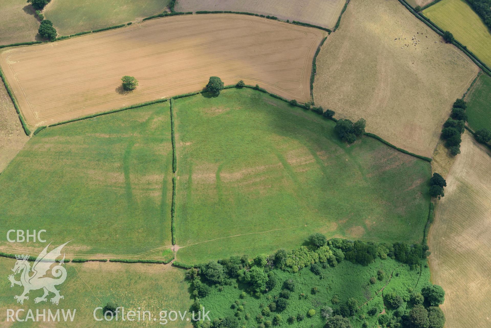 Royal Commission aerial photography of Coed y Polyn defended enclosure taken on 19th July 2018 during the 2018 drought.