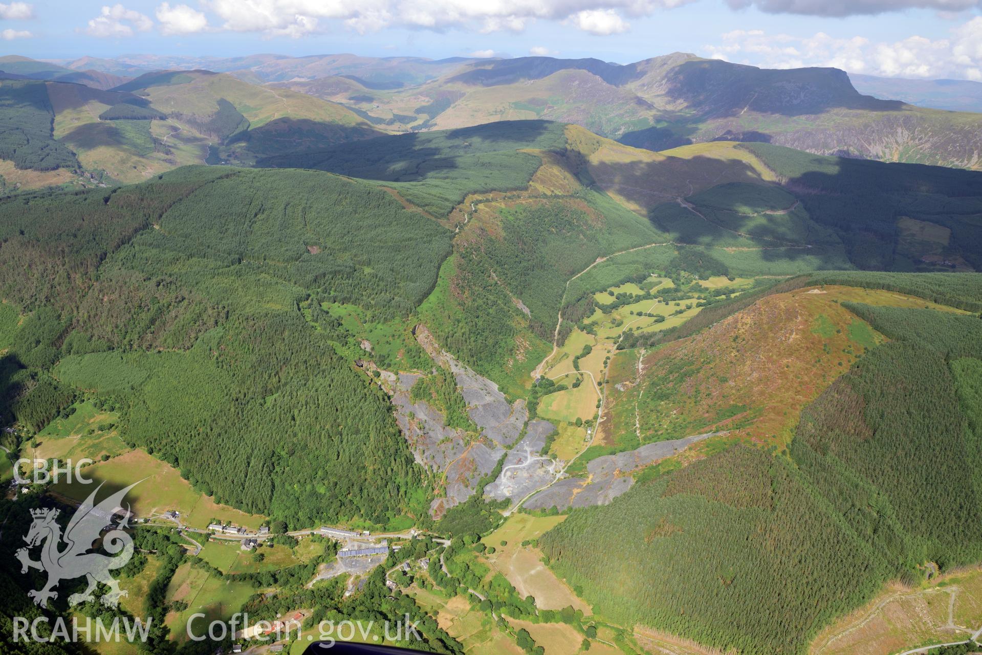 Royal Commission aerial photography of Aberllefenni Slate Quarry and landscape taken on 19th July 2018 during the 2018 drought.