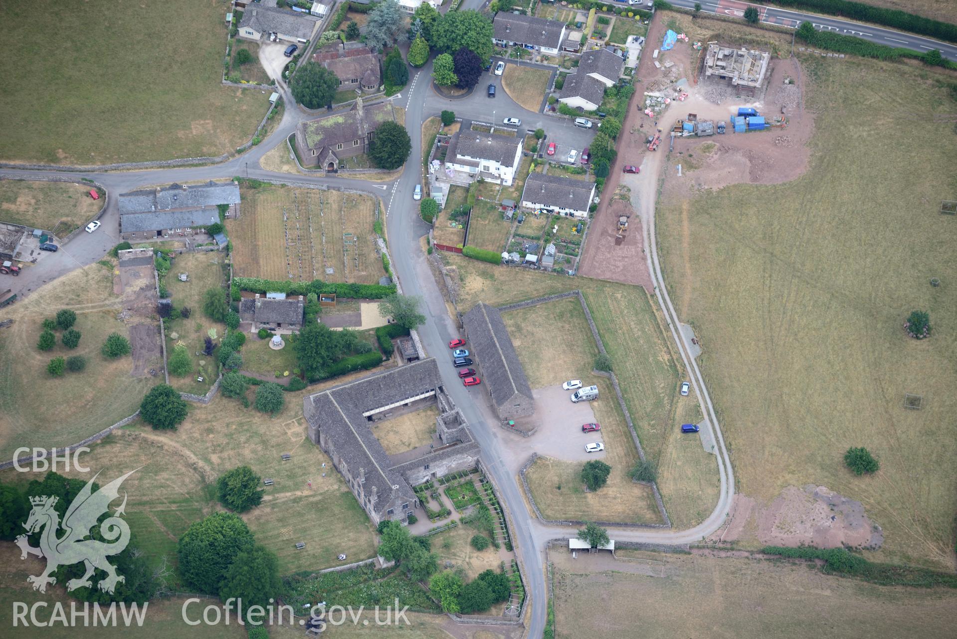 Royal Commission aerial photography of Tretower Court taken on 19th July 2018 during the 2018 drought.