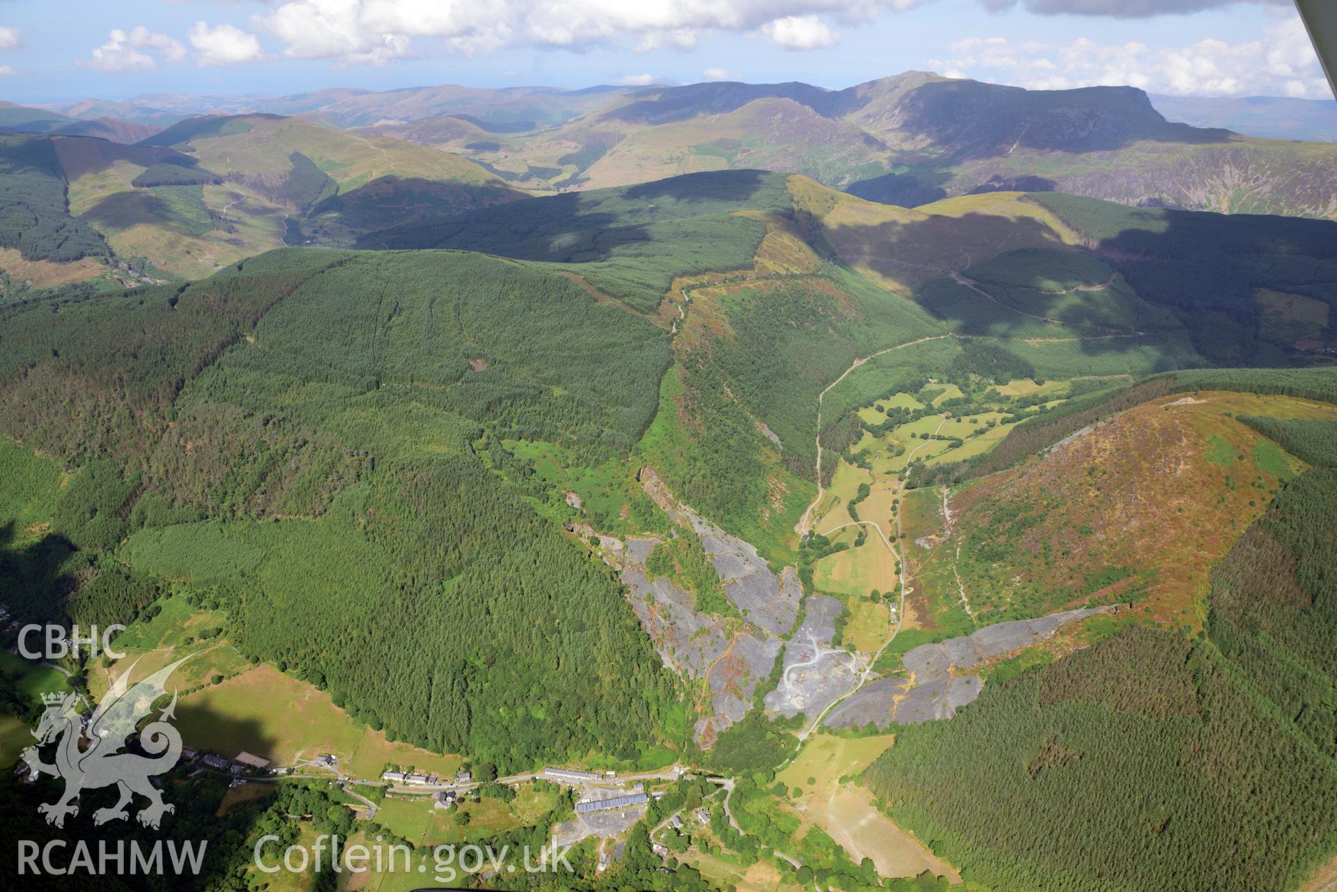 Royal Commission aerial photography of Aberllefenni Slate Quarry and landscape taken on 19th July 2018 during the 2018 drought.