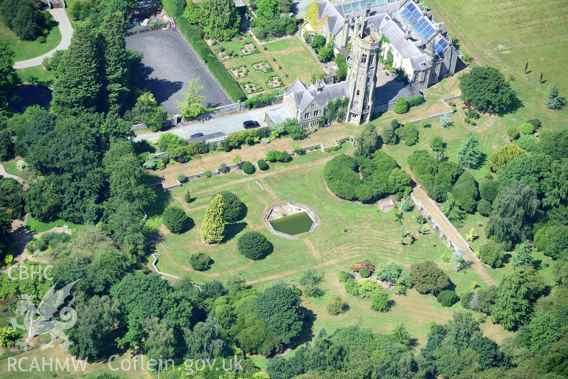 Royal Commission aerial photography of Leighton Hall and gardens taken on 19th July 2018 during the 2018 drought.