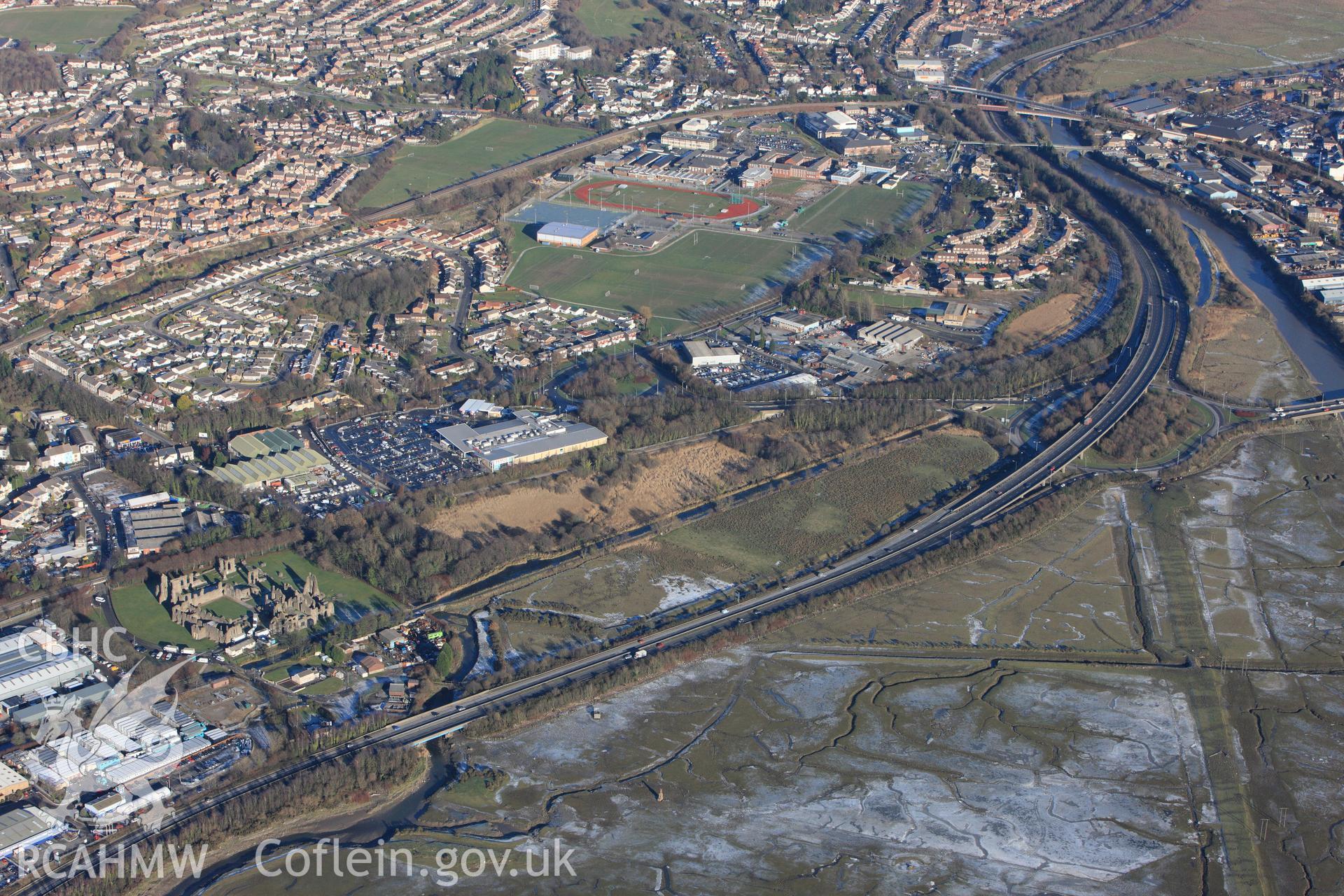 RCAHMW colour oblique photograph of Neath Auxiliary Fort, showing excavations. Taken by Toby Driver on 08/12/2010.