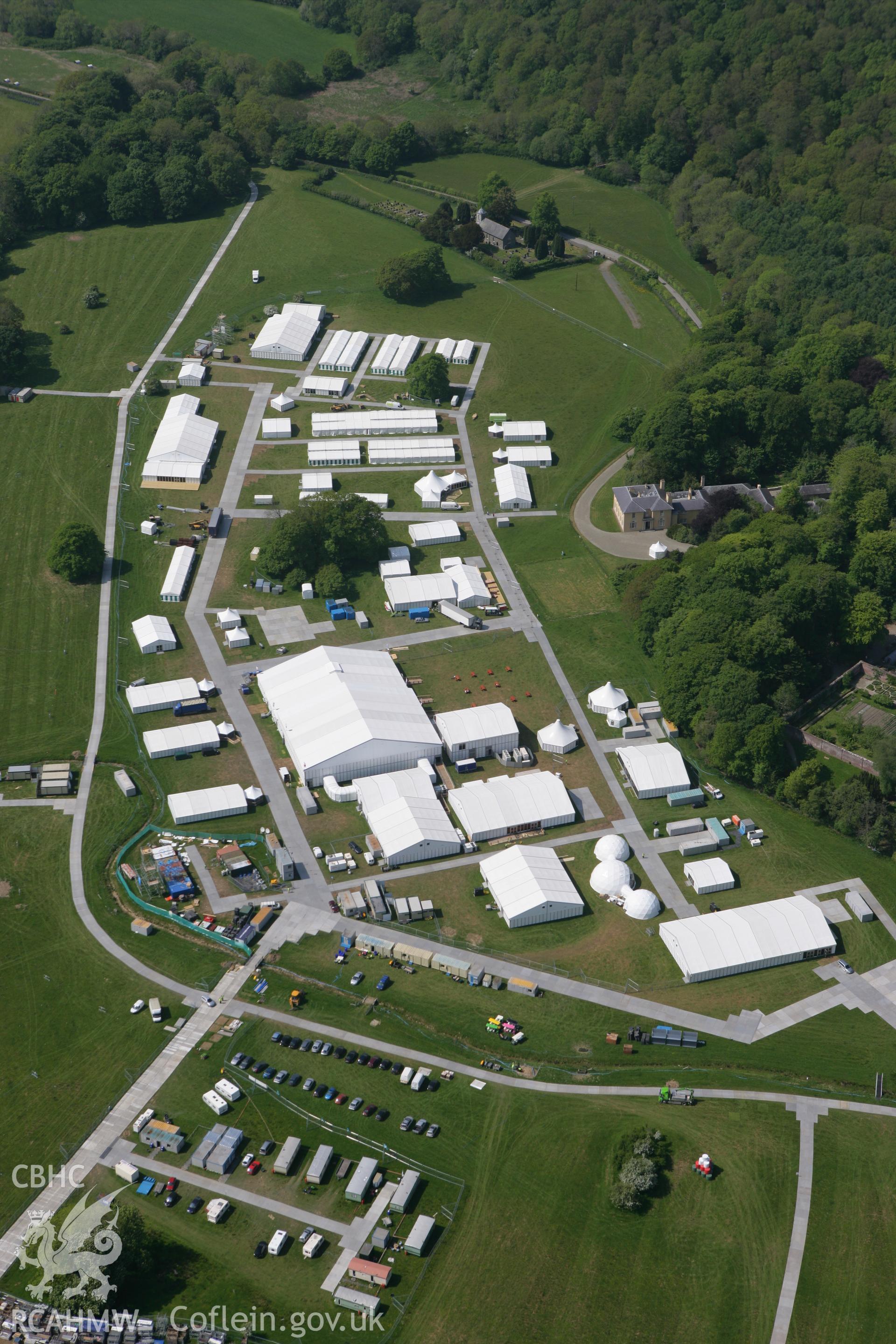 RCAHMW colour oblique photograph of Urdd Eisteddfod, Llanerchaeron, 5 days before opening. Taken by Toby Driver on 25/05/2010.