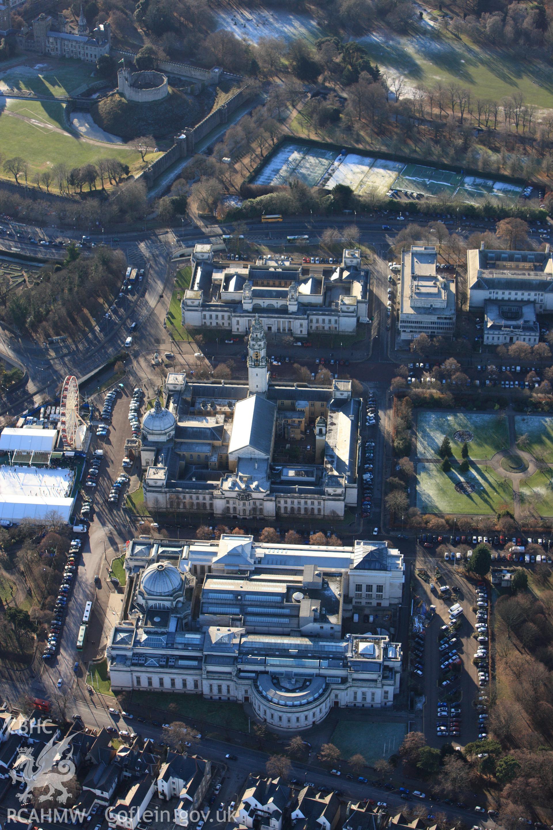 RCAHMW colour oblique photograph of National Museum Wales, Cathays Park, Cardiff. Taken by Toby Driver on 08/12/2010.