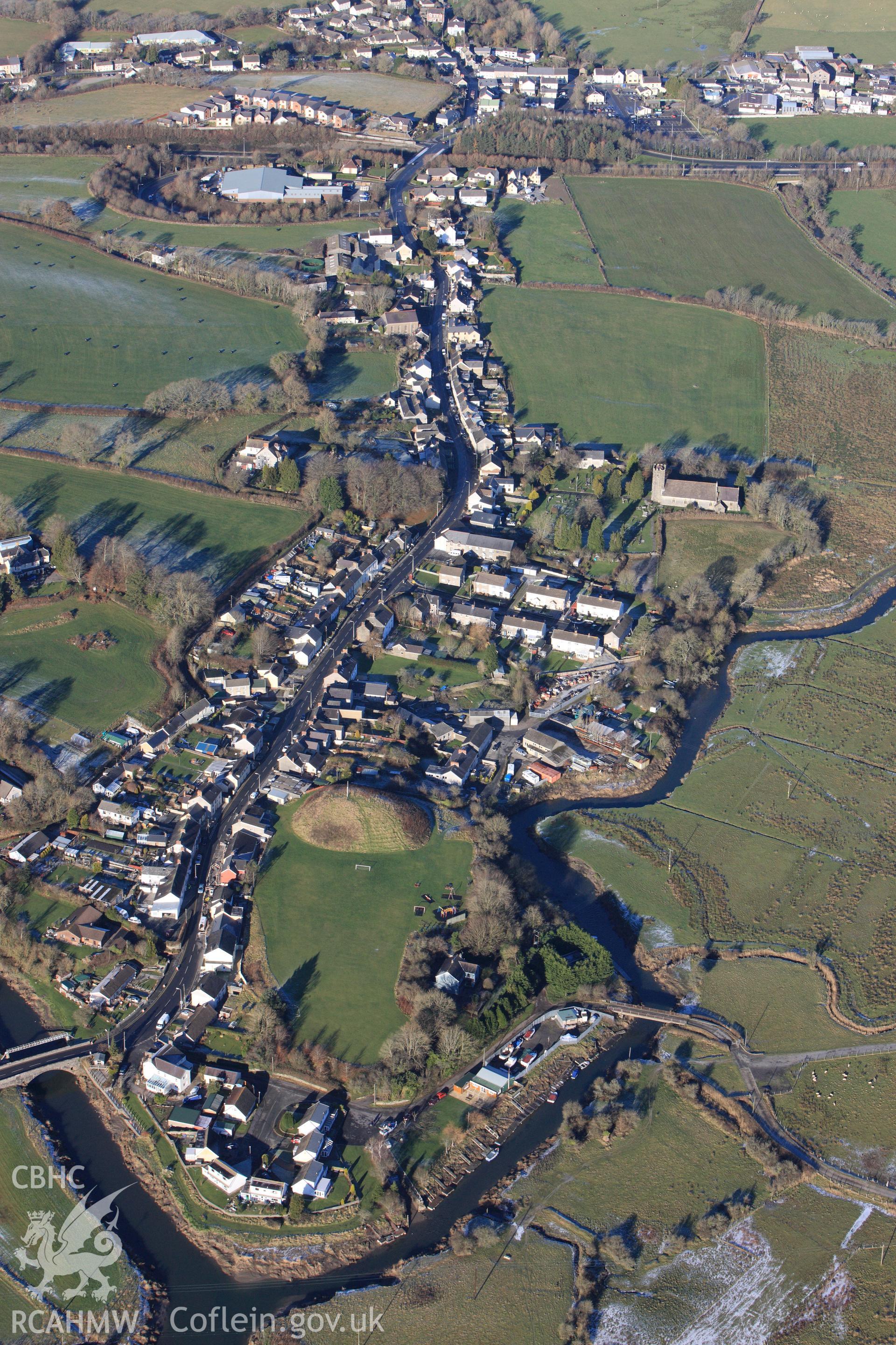 RCAHMW colour oblique photograph of St Clears motte and bailey castle. Taken by Toby Driver on 08/12/2010.