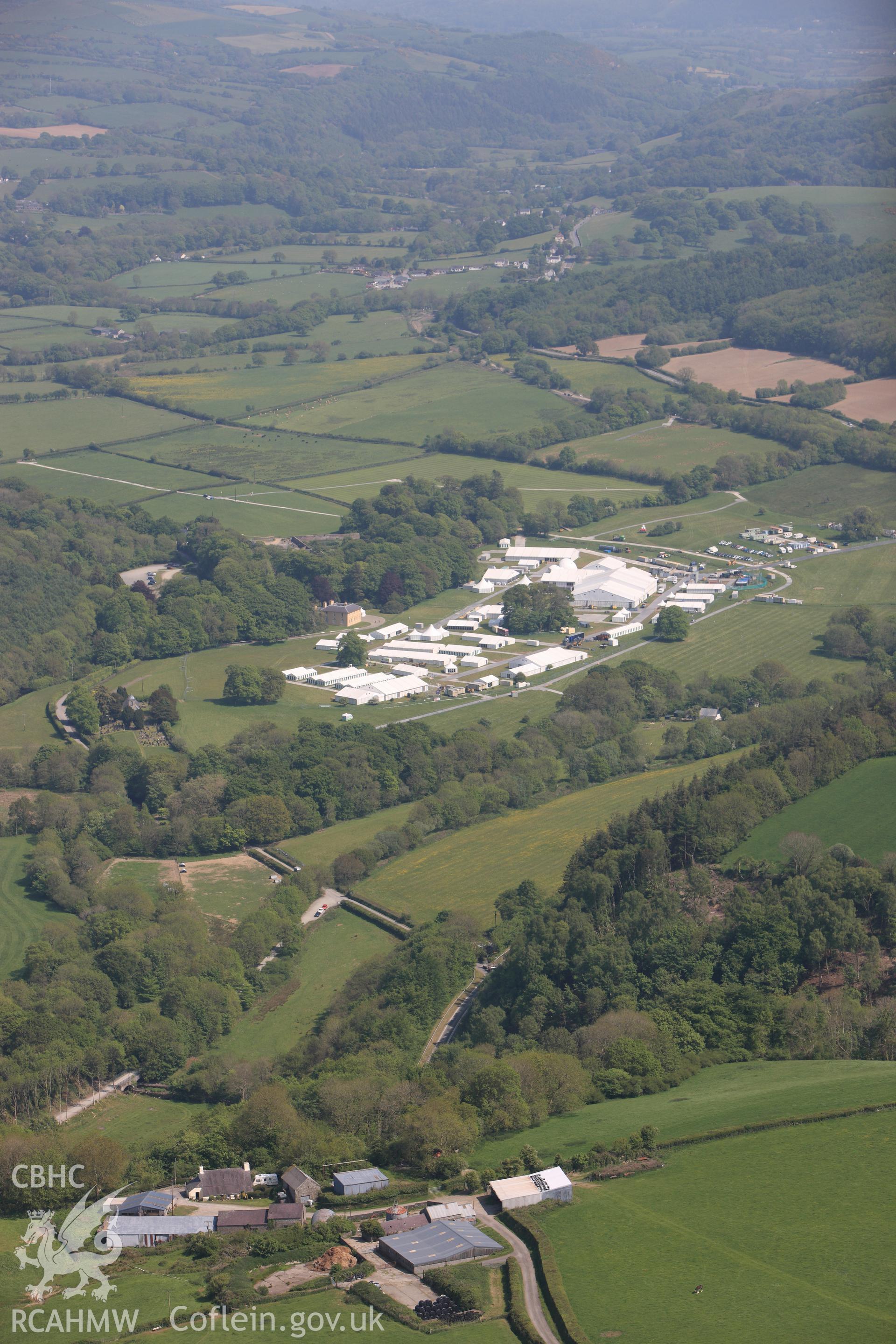 RCAHMW colour oblique photograph of Urdd Eisteddfod, Llanerchaeron, 5 days before opening. Taken by Toby Driver on 25/05/2010.