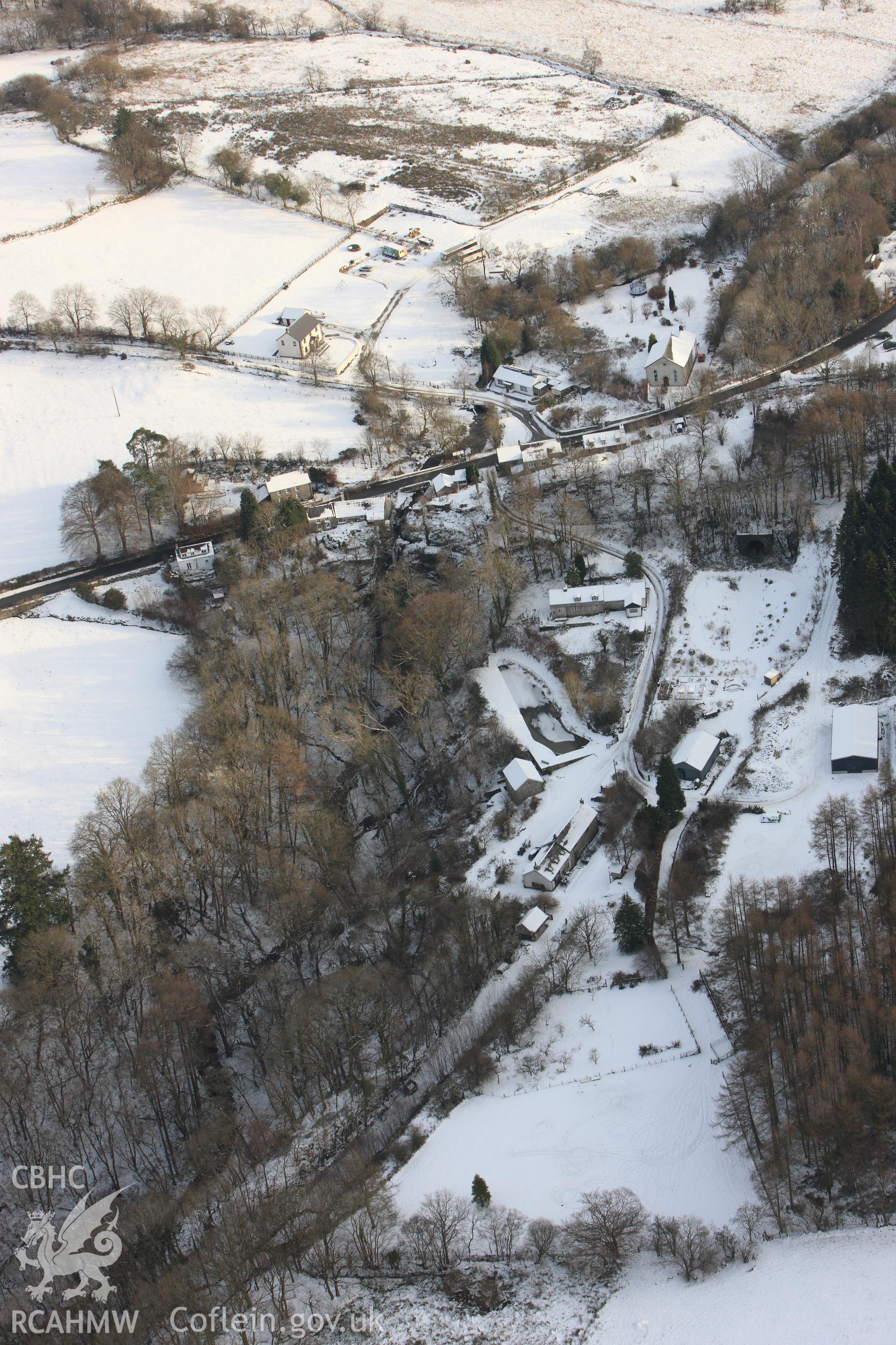 RCAHMW colour oblique photograph of Felin Ban, fulling mill, Tynygraig. Taken by Toby Driver on 02/12/2010.