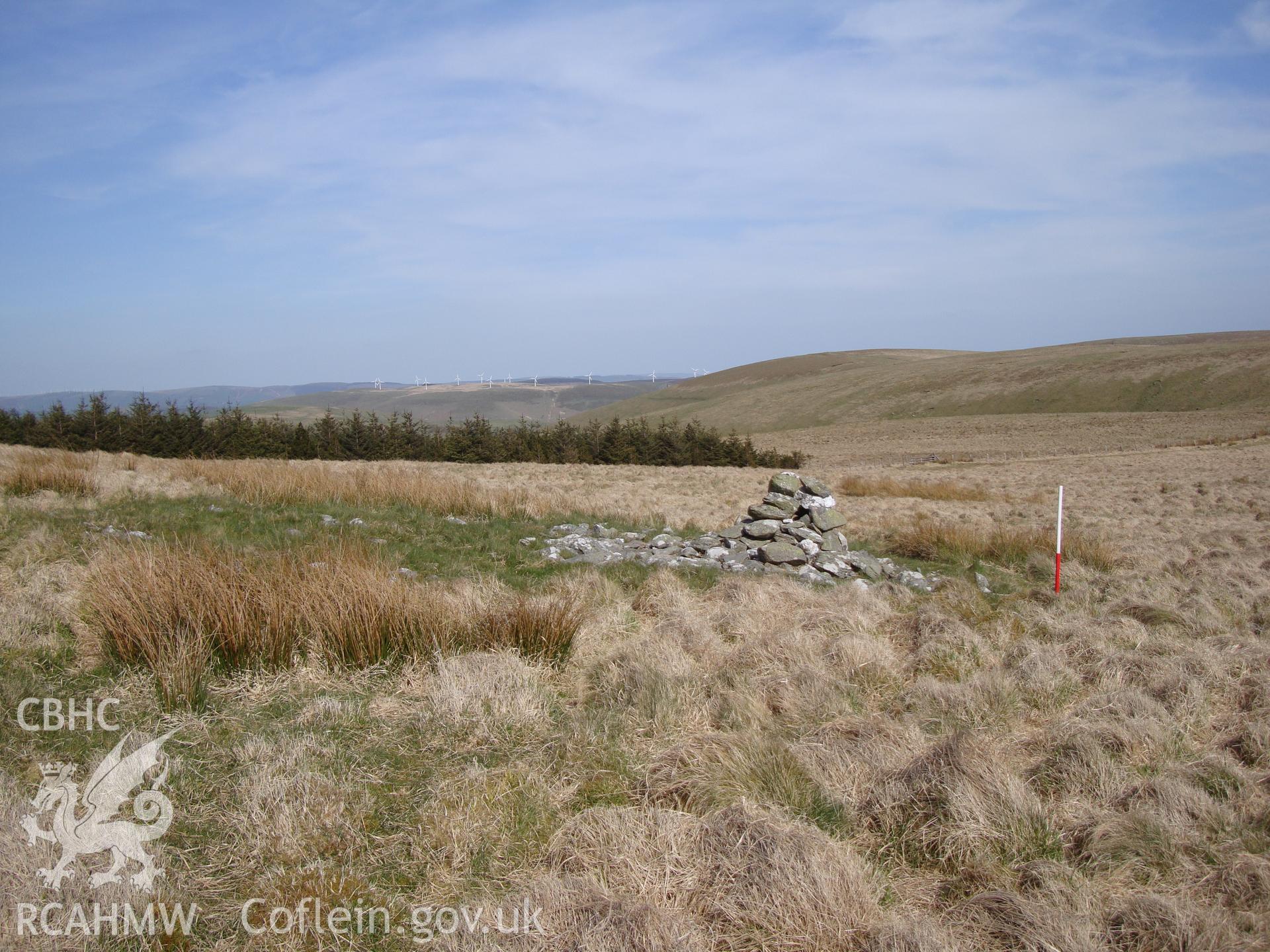 Marker cairn, on top of earlier cairn, NPRN 502550, looking east southeast.