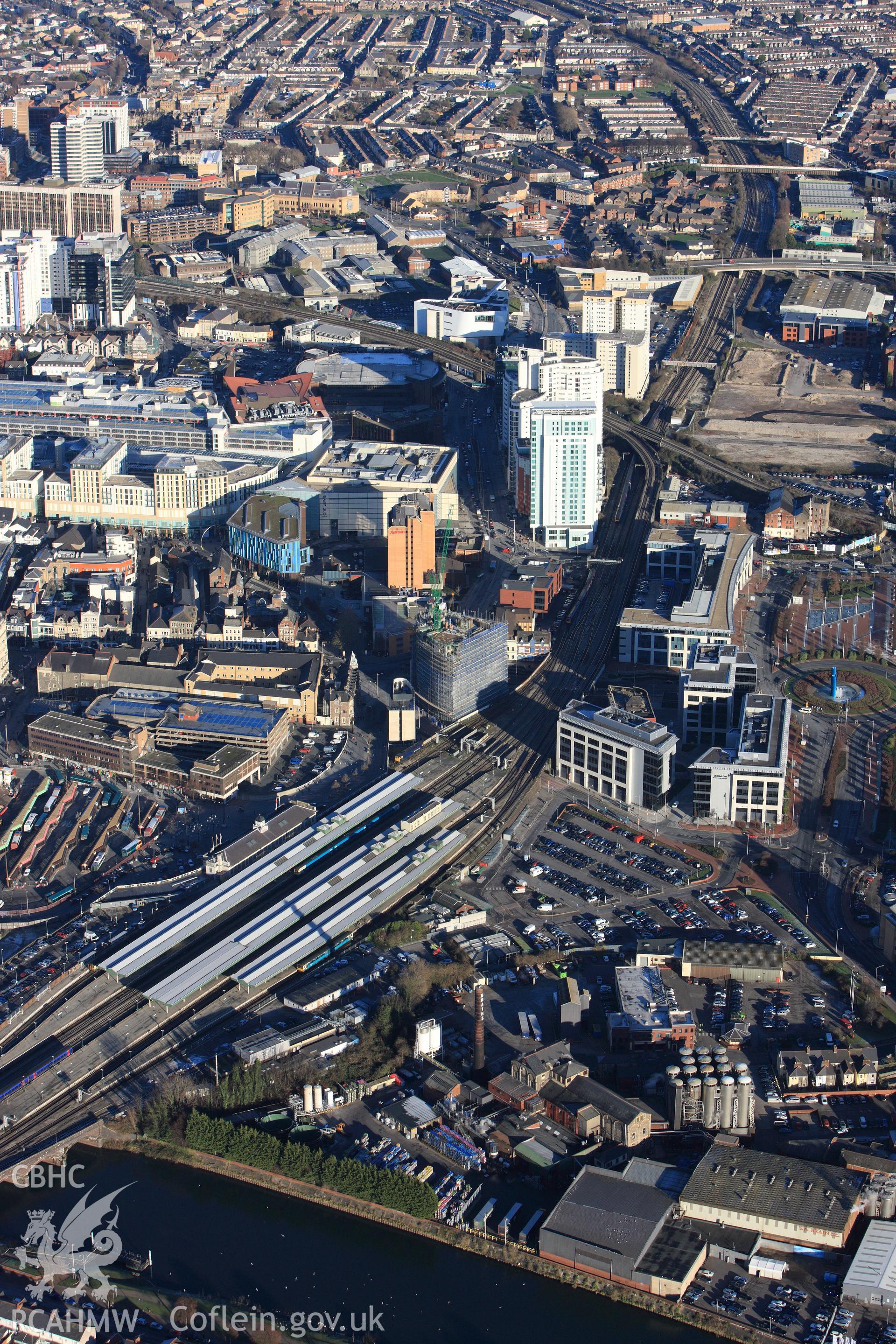 RCAHMW colour oblique photograph of Cardiff city centre, from the west, showing Cardiff Central Railway Station. Taken by Toby Driver on 08/12/2010.