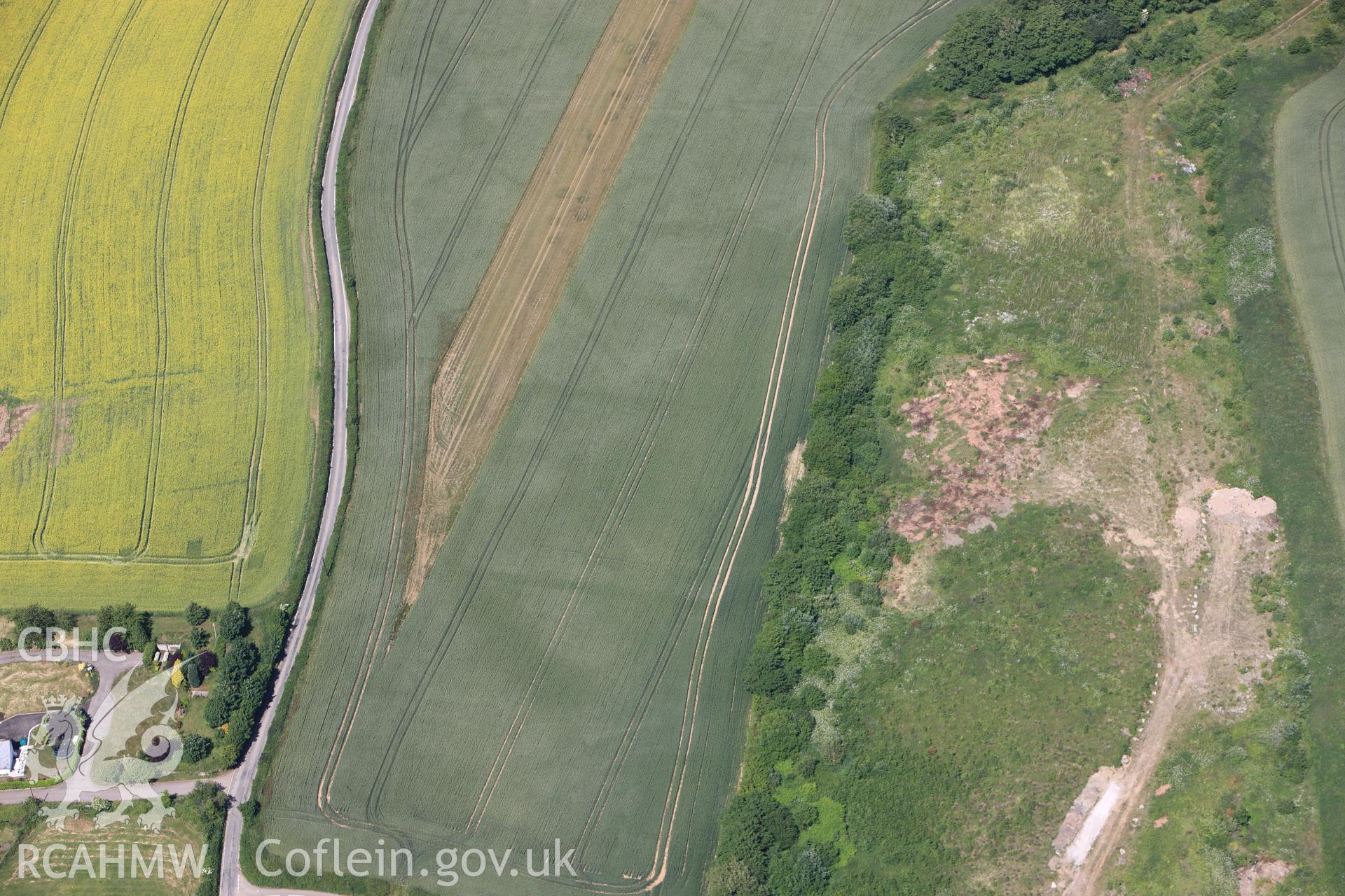 RCAHMW colour oblique photograph of Roman Enclosure cropmarks at The Hollies. Taken by Toby Driver on 21/06/2010.