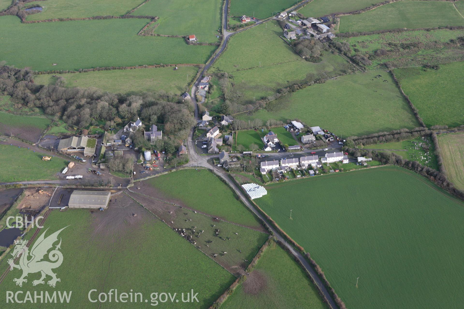 RCAHMW colour oblique photograph of Church of St. Rhian, Llanrhain. Taken by Toby Driver on 16/11/2010.