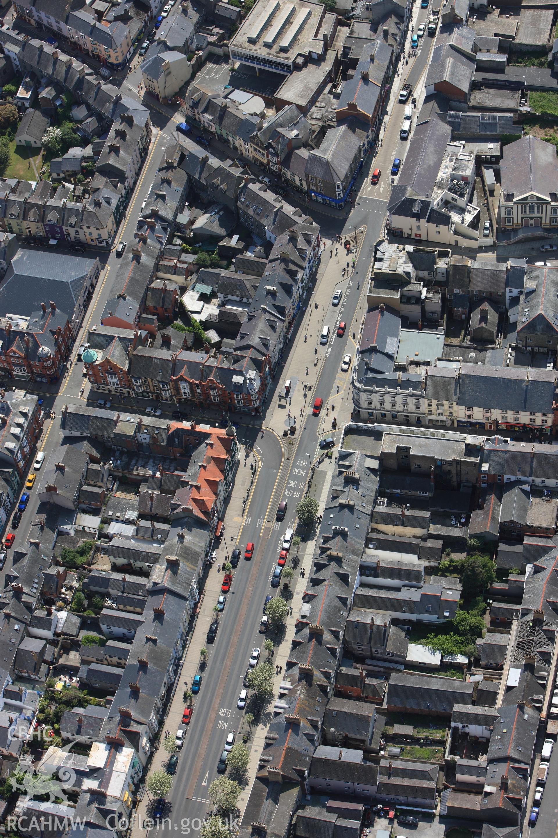 RCAHMW colour oblique photograph showing Great Darkgate Street, Aberystwyth. Taken by Toby Driver on 25/05/2010.