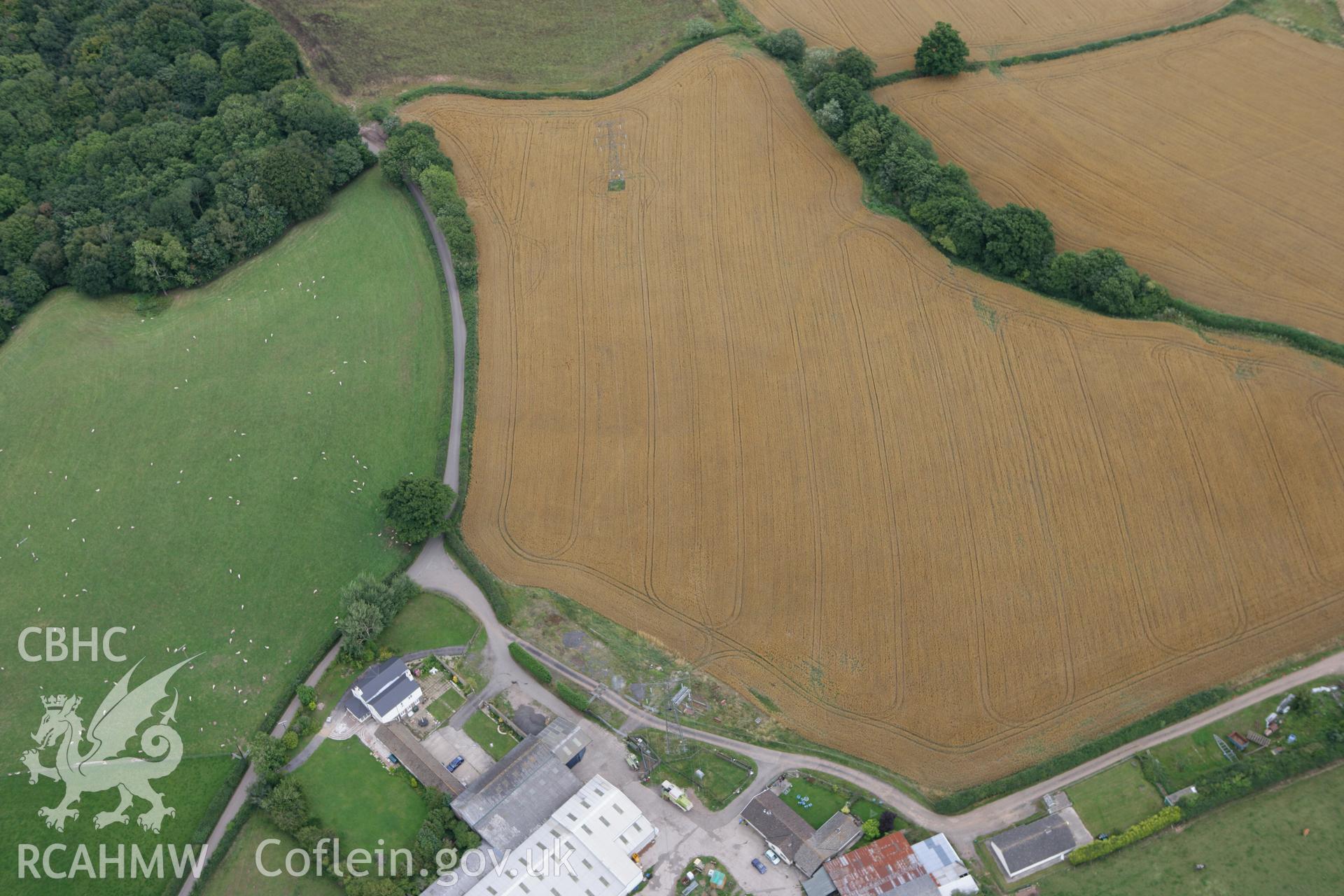 RCAHMW colour oblique photograph of rectangular cropmark enclosure, Pen-y-Parc Farm. Taken by Toby Driver on 29/07/2010.