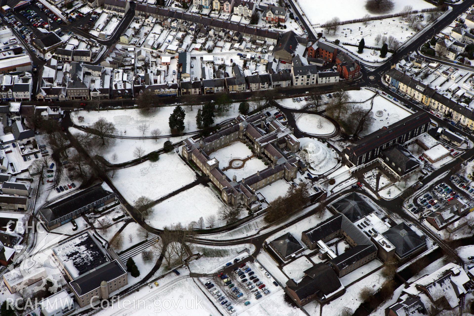 RCAHMW colour oblique aerial photograph of Lampeter under snow, by Toby Driver, 02/12/2010.